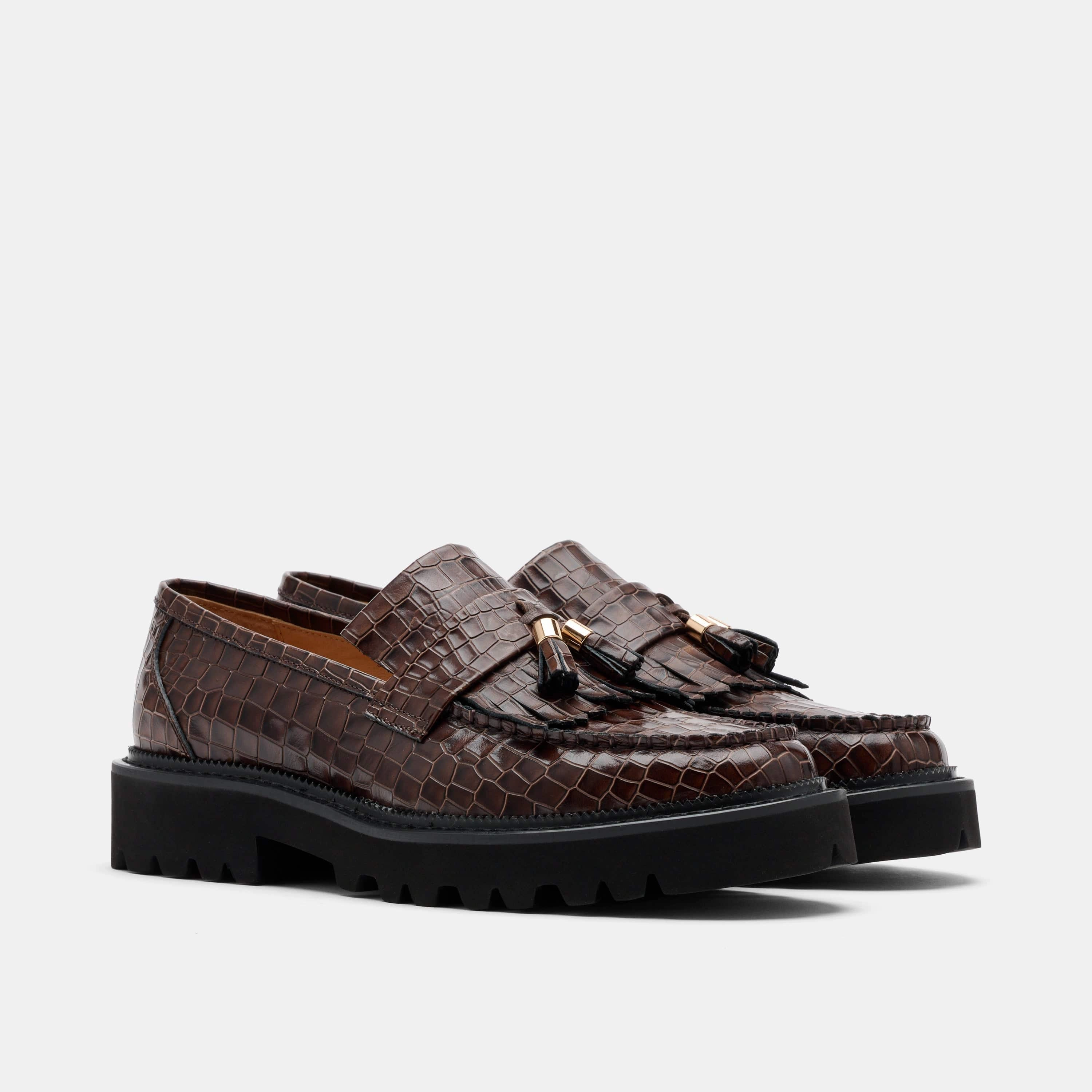 Adaptive Flex Journey Brown Croc Leather Lug Tassel Loafer