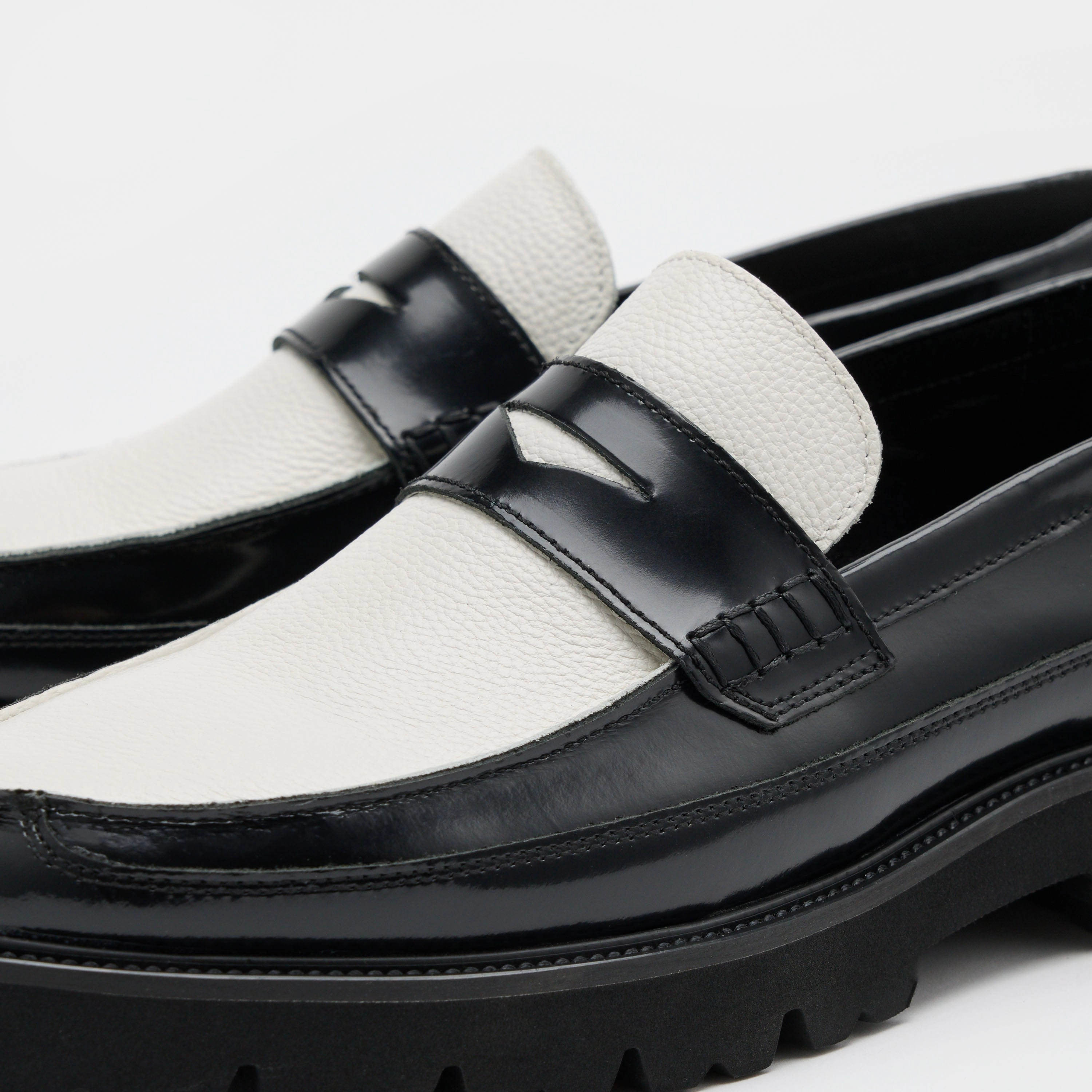 Adler Black/White Leather Lug Penny Loafers Effortless Fit