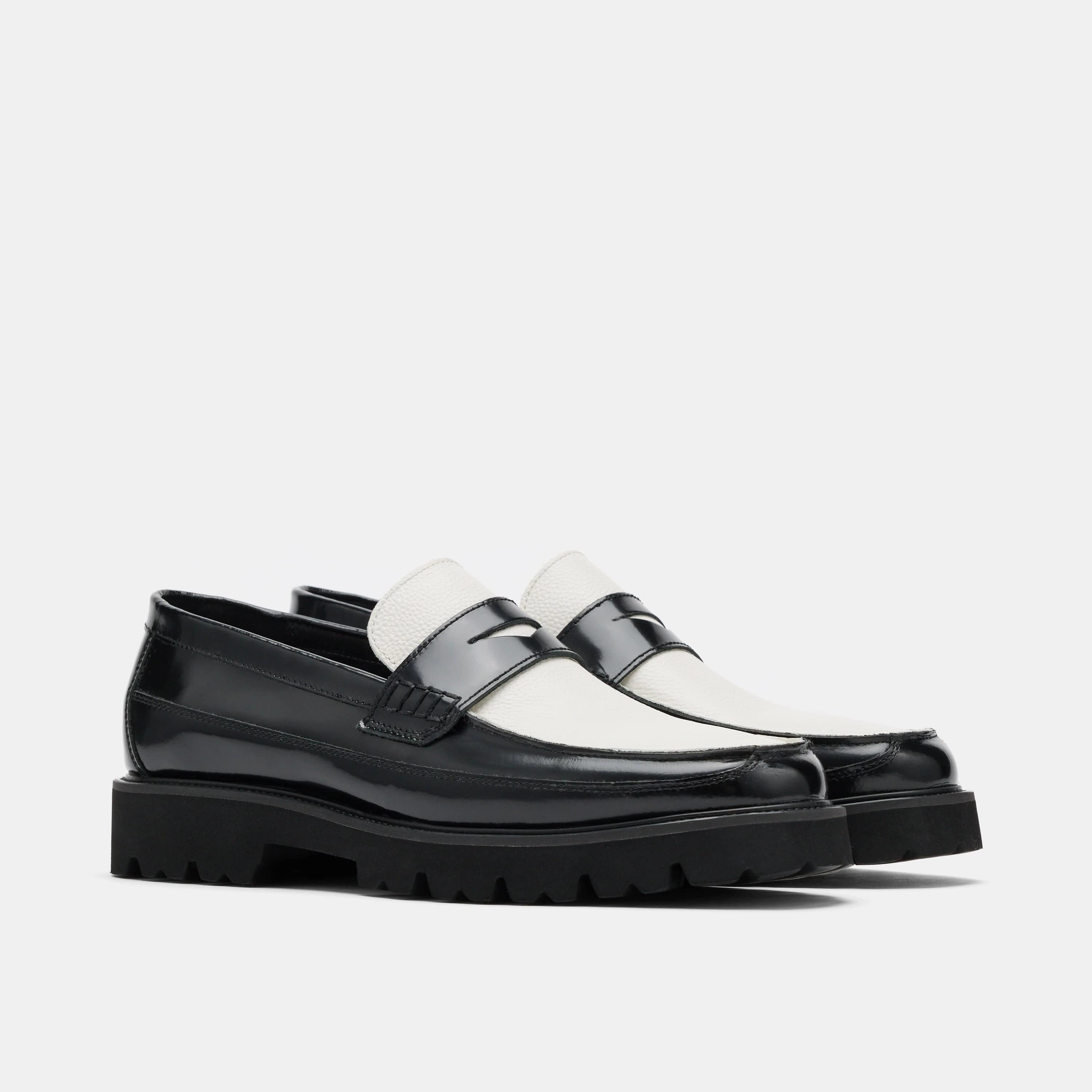 Adler Black/White Leather Lug Penny Loafers Effortless Fit