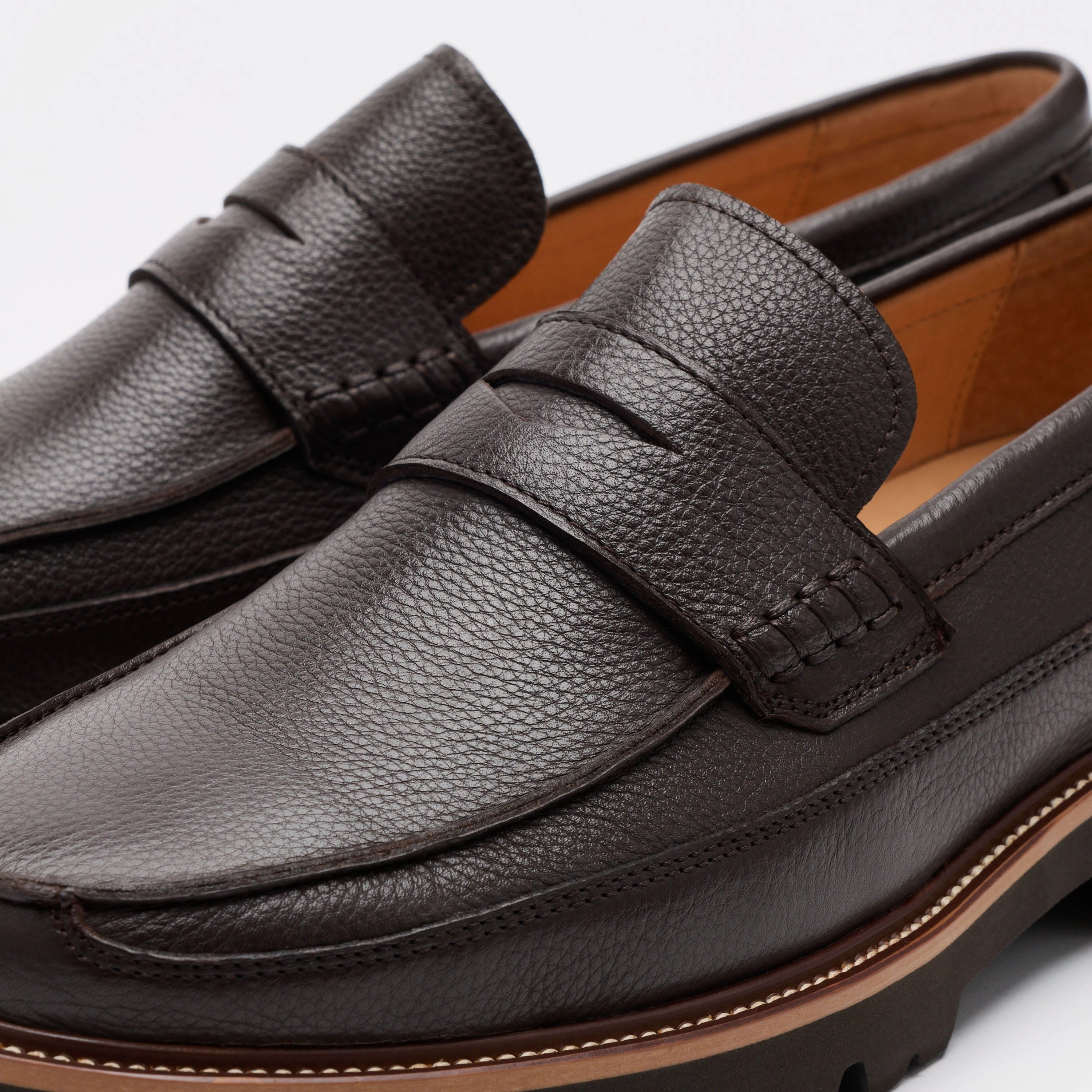 Adler Chocolate Brown Pebble Leather Lug Penny Loafers City Stride
