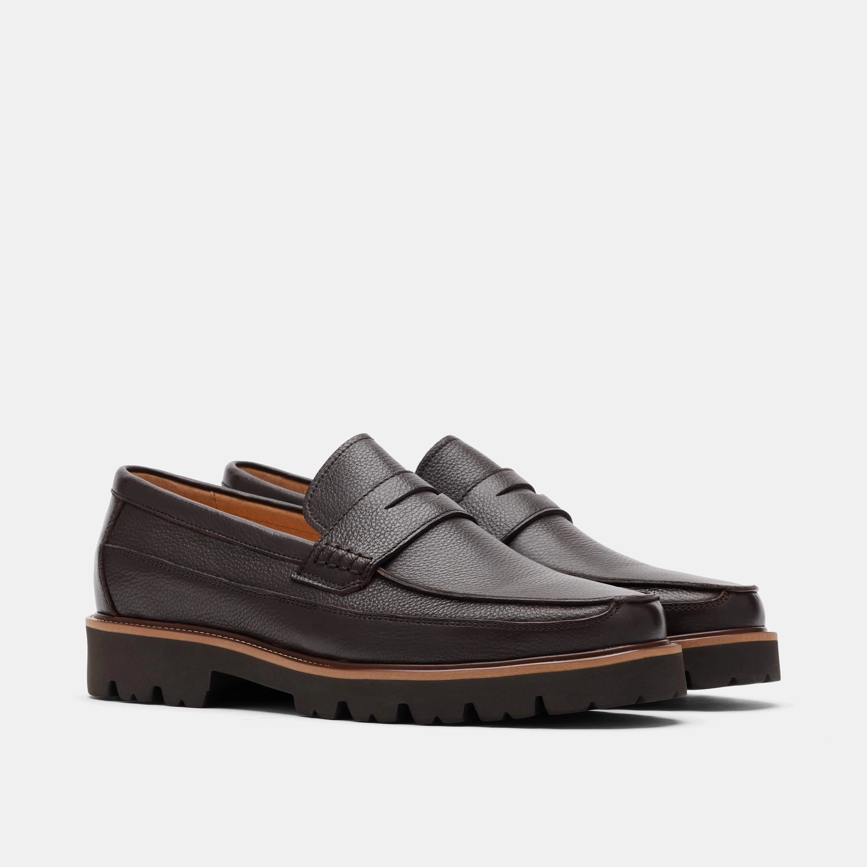 Adler Chocolate Brown Pebble Leather Lug Penny Loafers City Stride