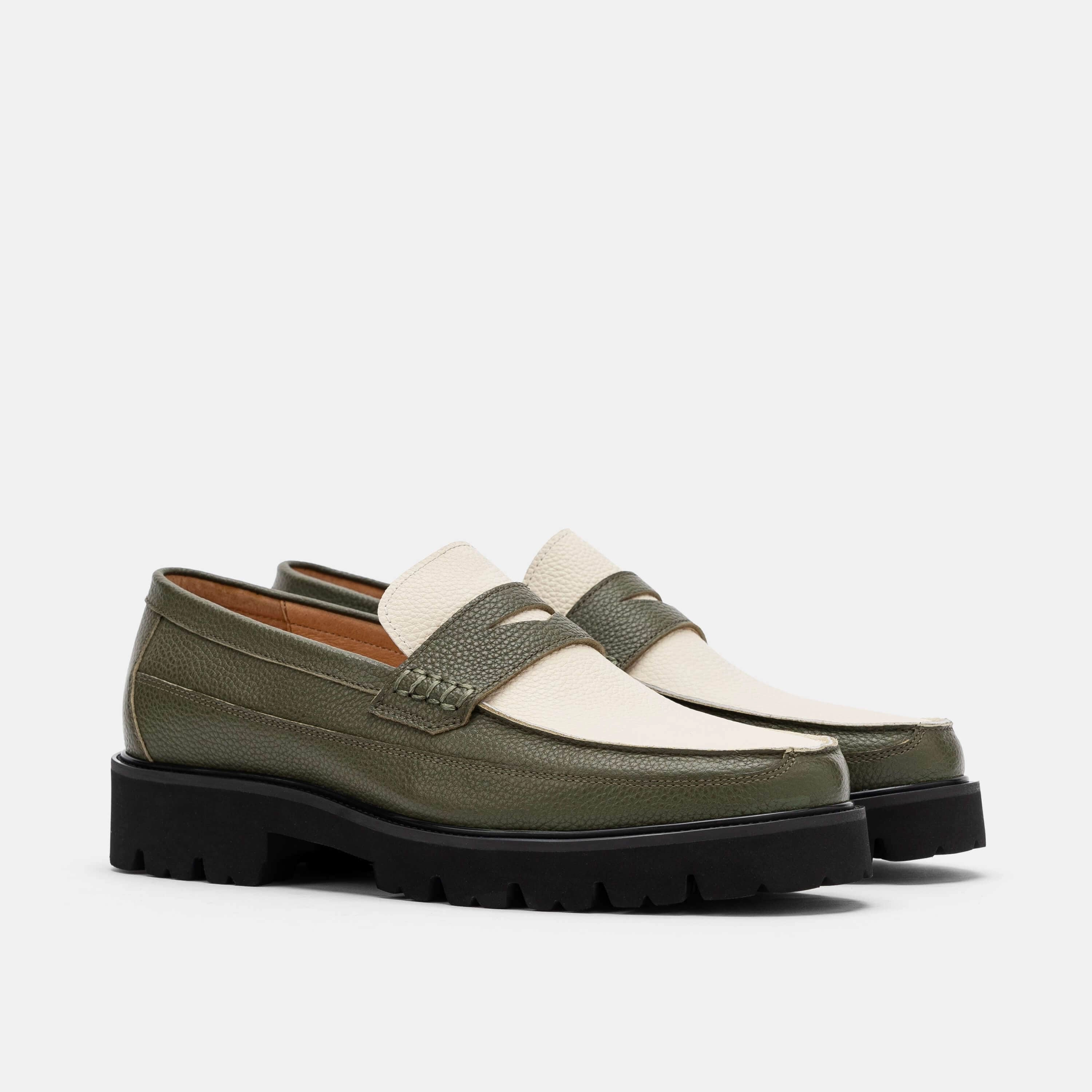 Adler Olive/White Leather Lug Penny Loafers Year-Round