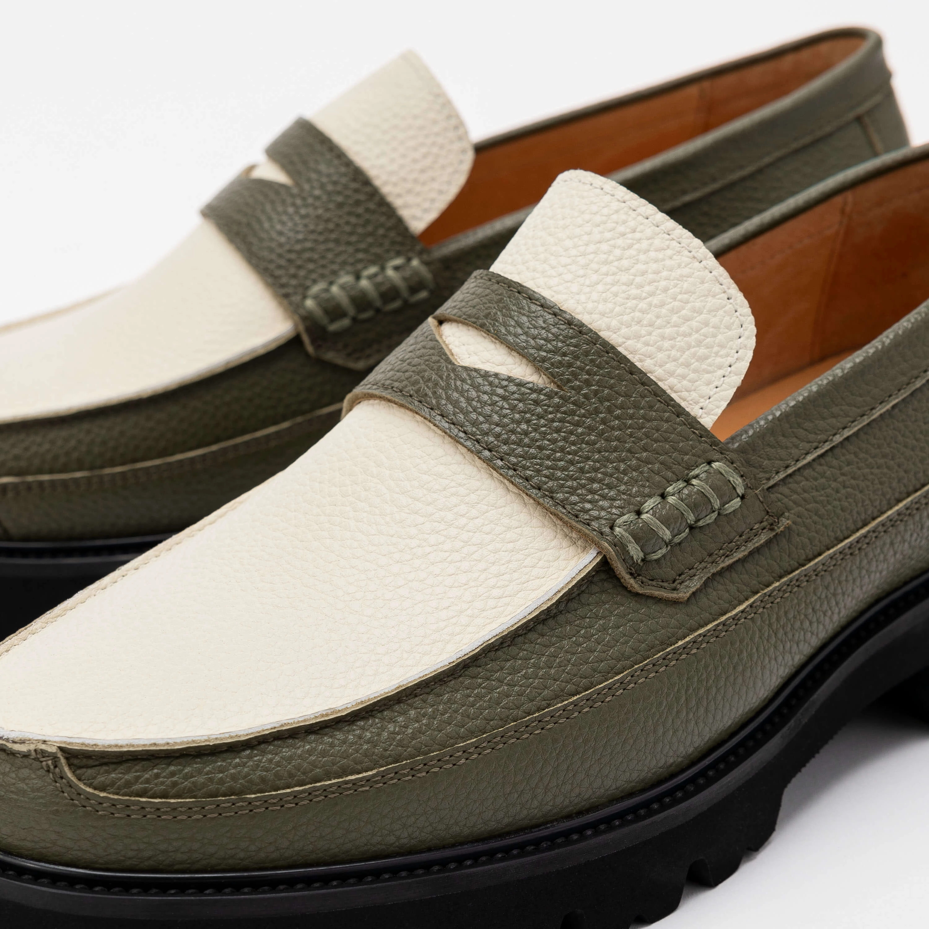 Adler Olive/White Leather Lug Penny Loafers Year-Round
