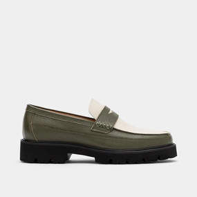 Adjustable Fit Nubuck Finish Adler Olive/White Leather Lug Penny Loafers
