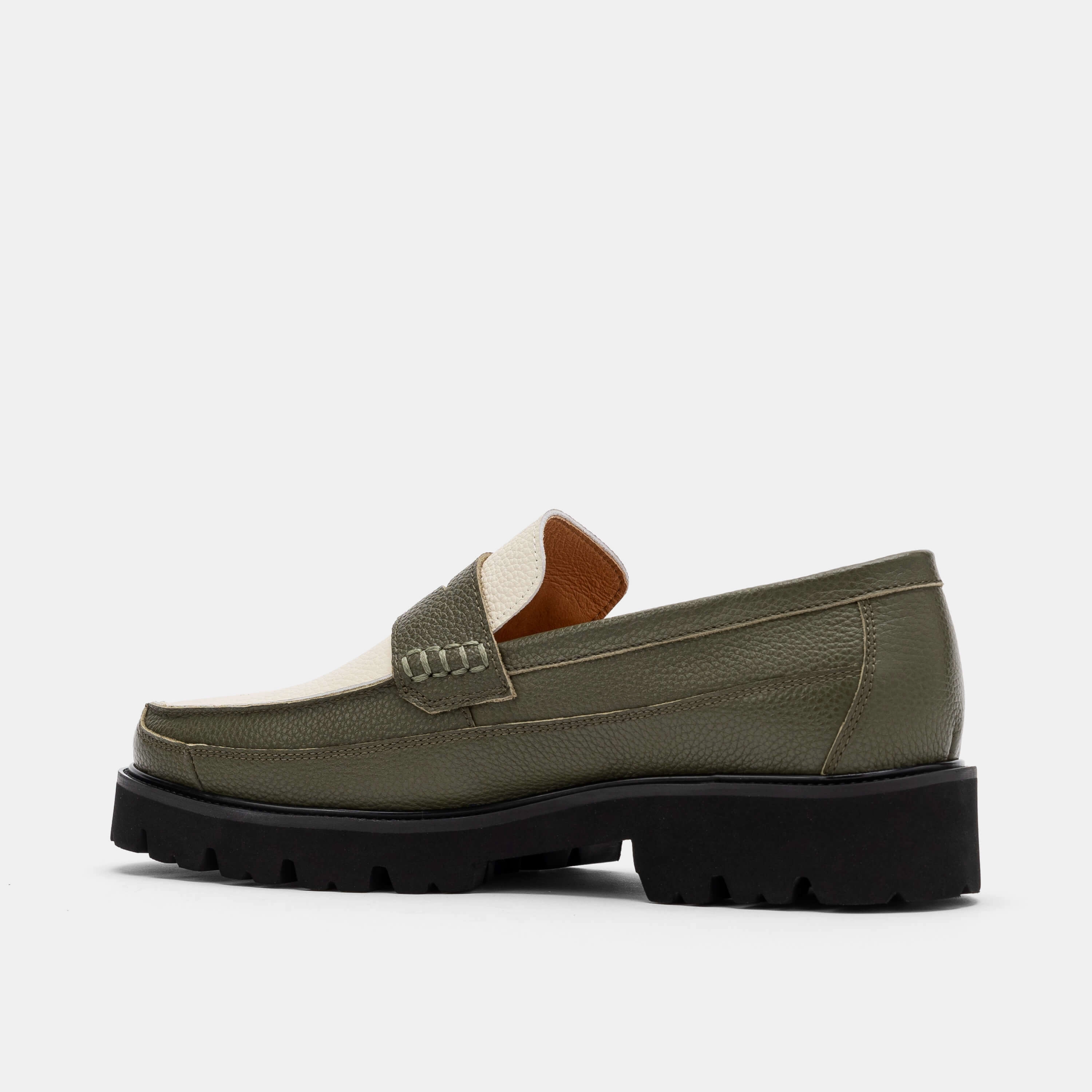 Adler Olive/White Leather Lug Penny Loafers Year-Round
