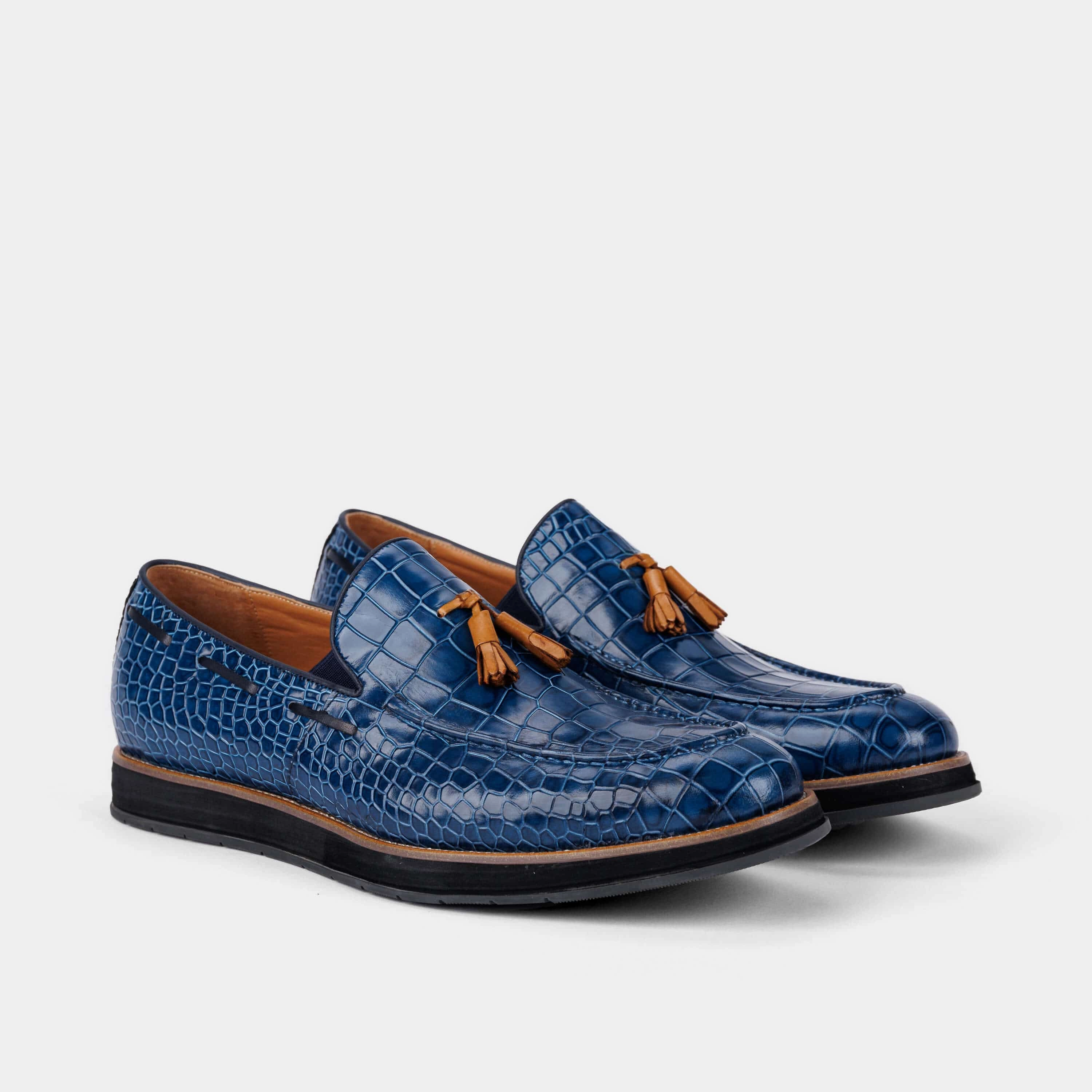 Apollo Blue Crocskin Tassel Loafers Fade-Free