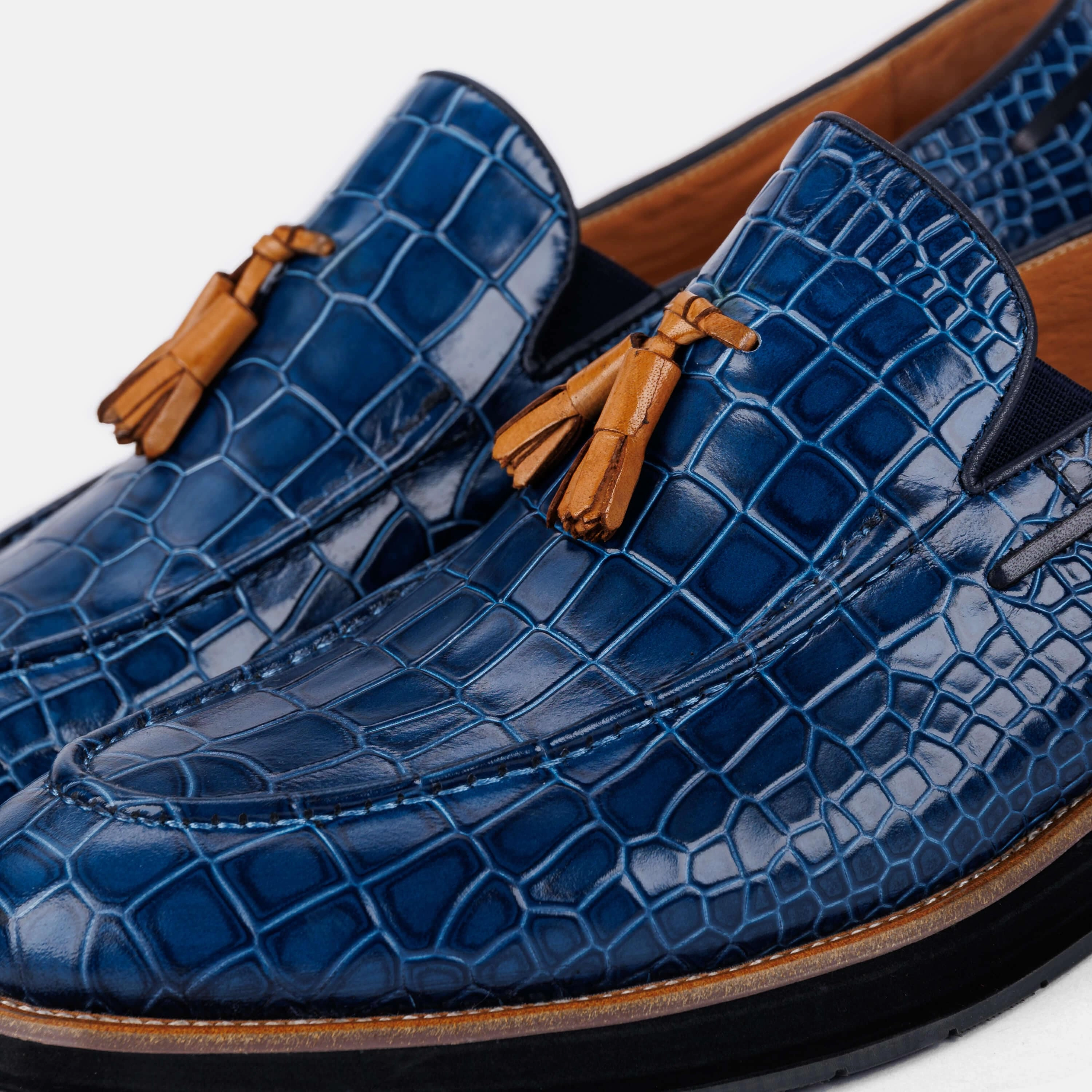 Apollo Blue Crocskin Tassel Loafers Fade-Free