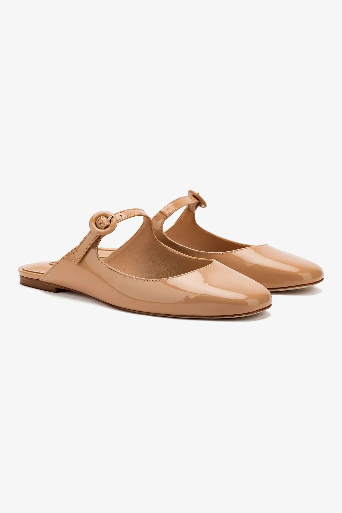 Blair Flat Mule In Tan Patent Leather Cushioned Walk