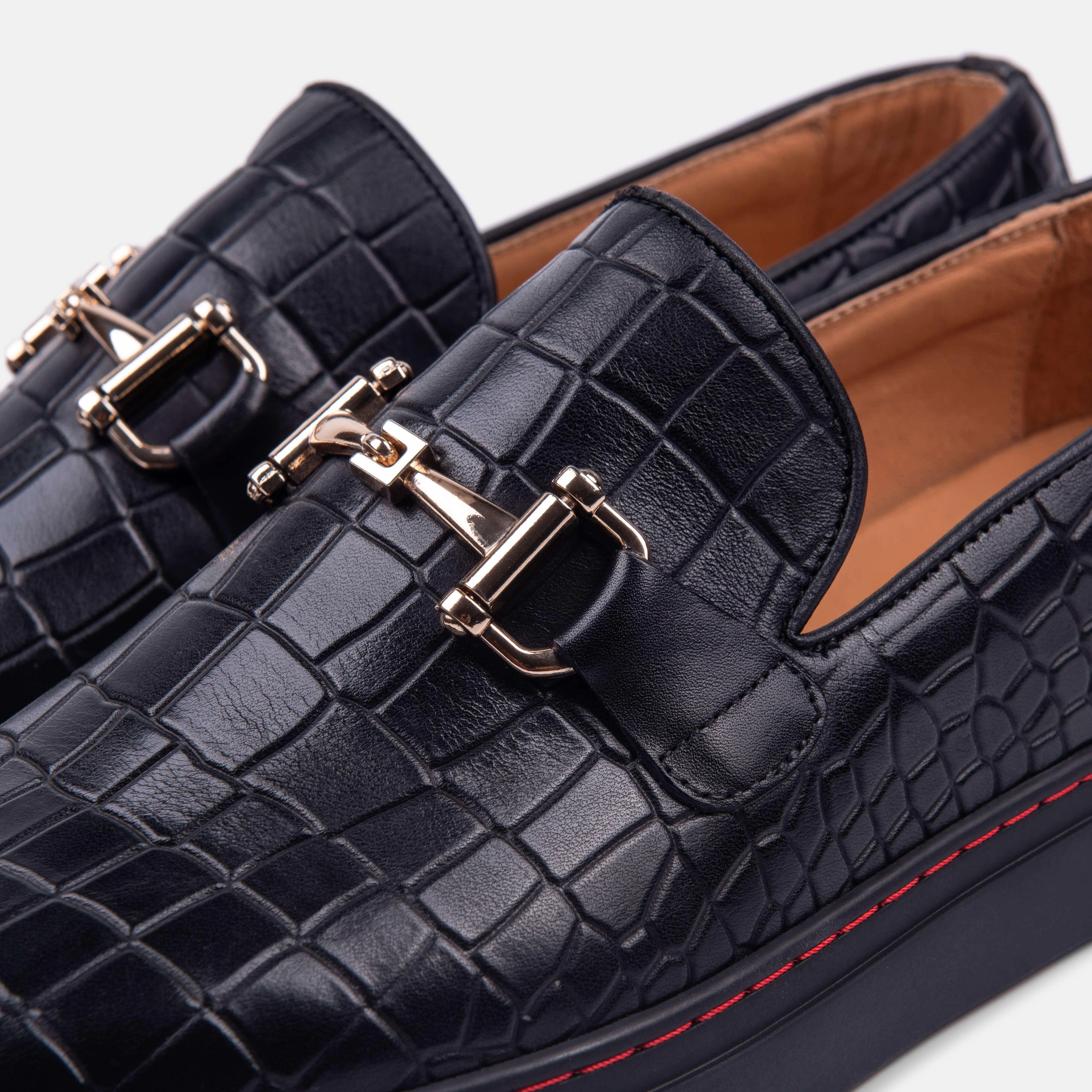 Boardwalk Black Crocskin Leather Horse-Bit Sneakers Classic Look