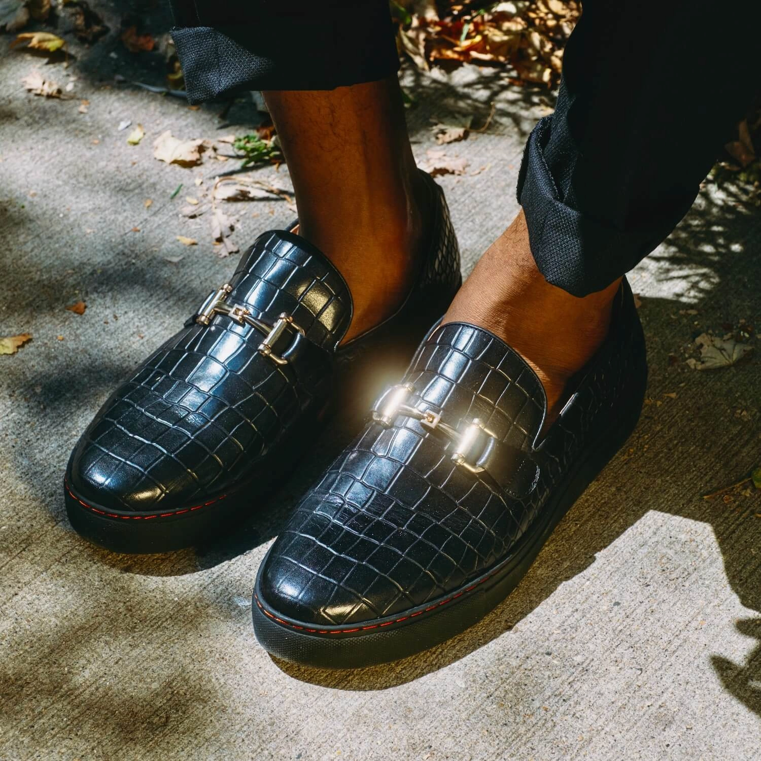Boardwalk Black Crocskin Leather Horse-Bit Sneakers Classic Look