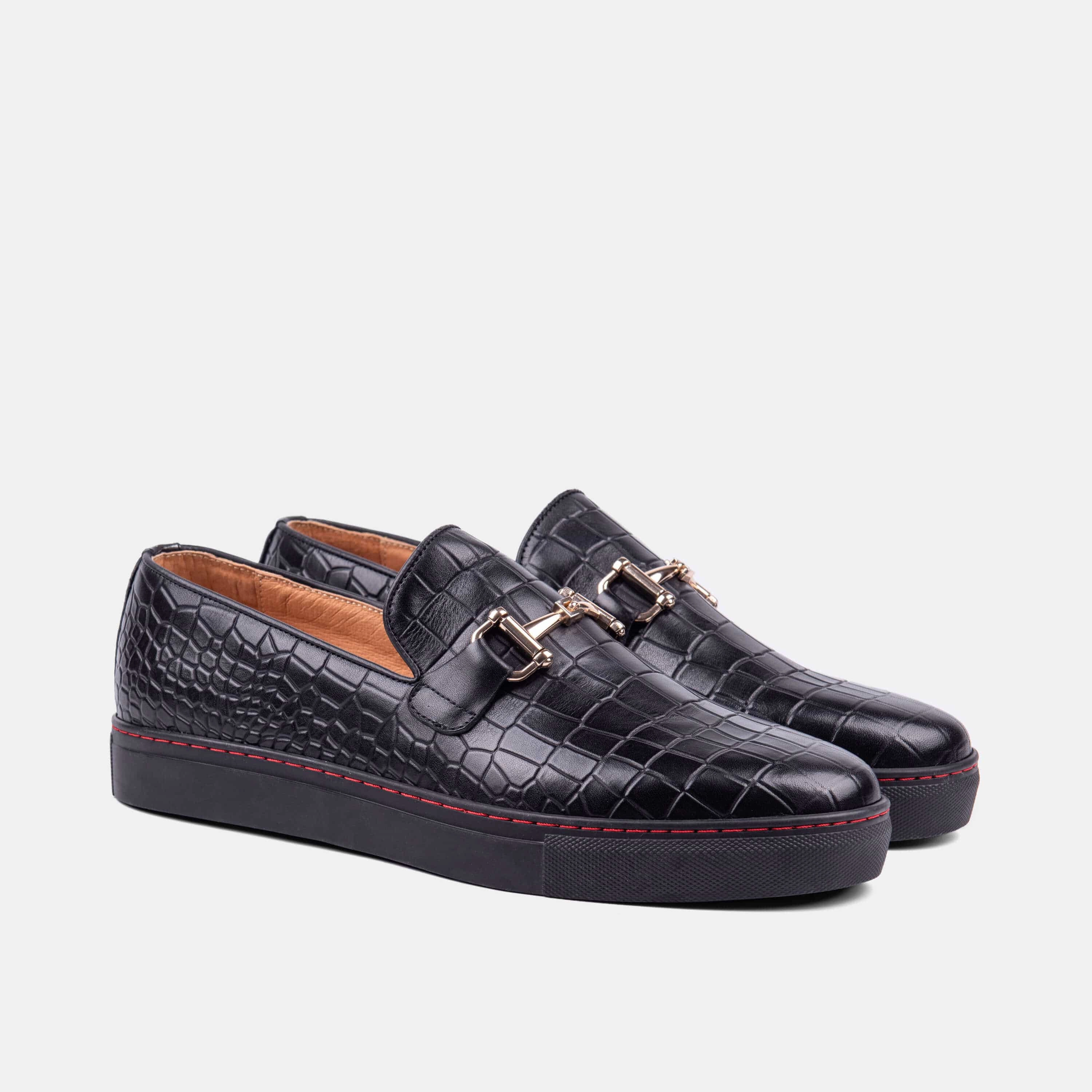 Boardwalk Black Crocskin Leather Horse-Bit Sneakers Classic Look
