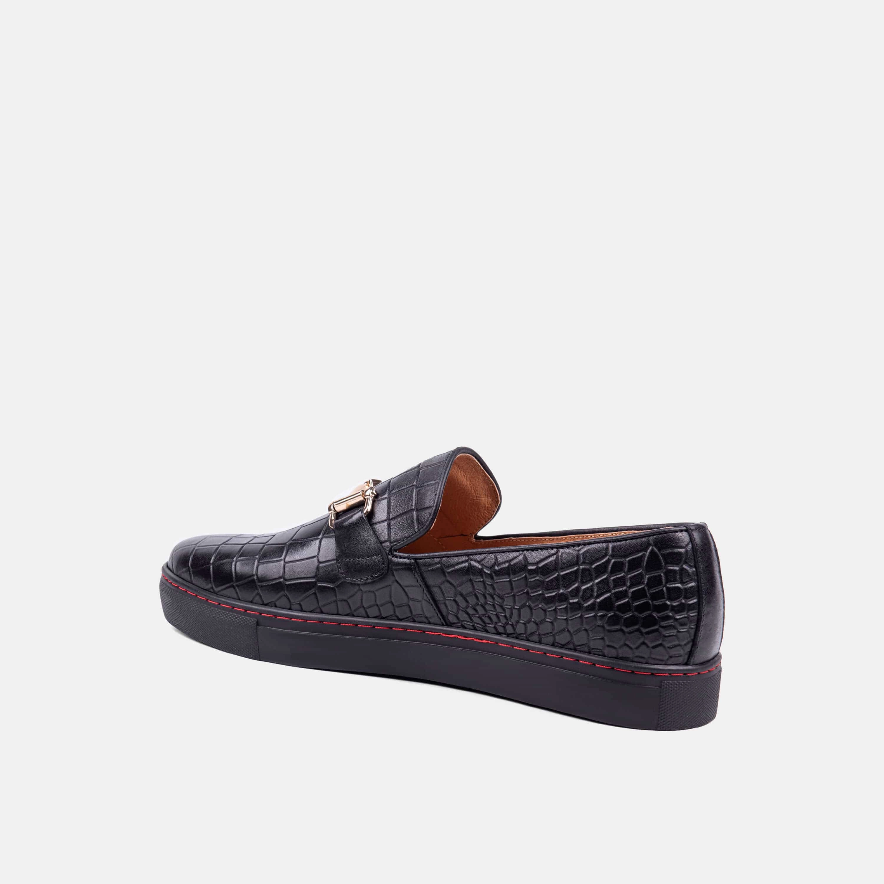 Boardwalk Black Crocskin Leather Horse-Bit Sneakers Classic Look