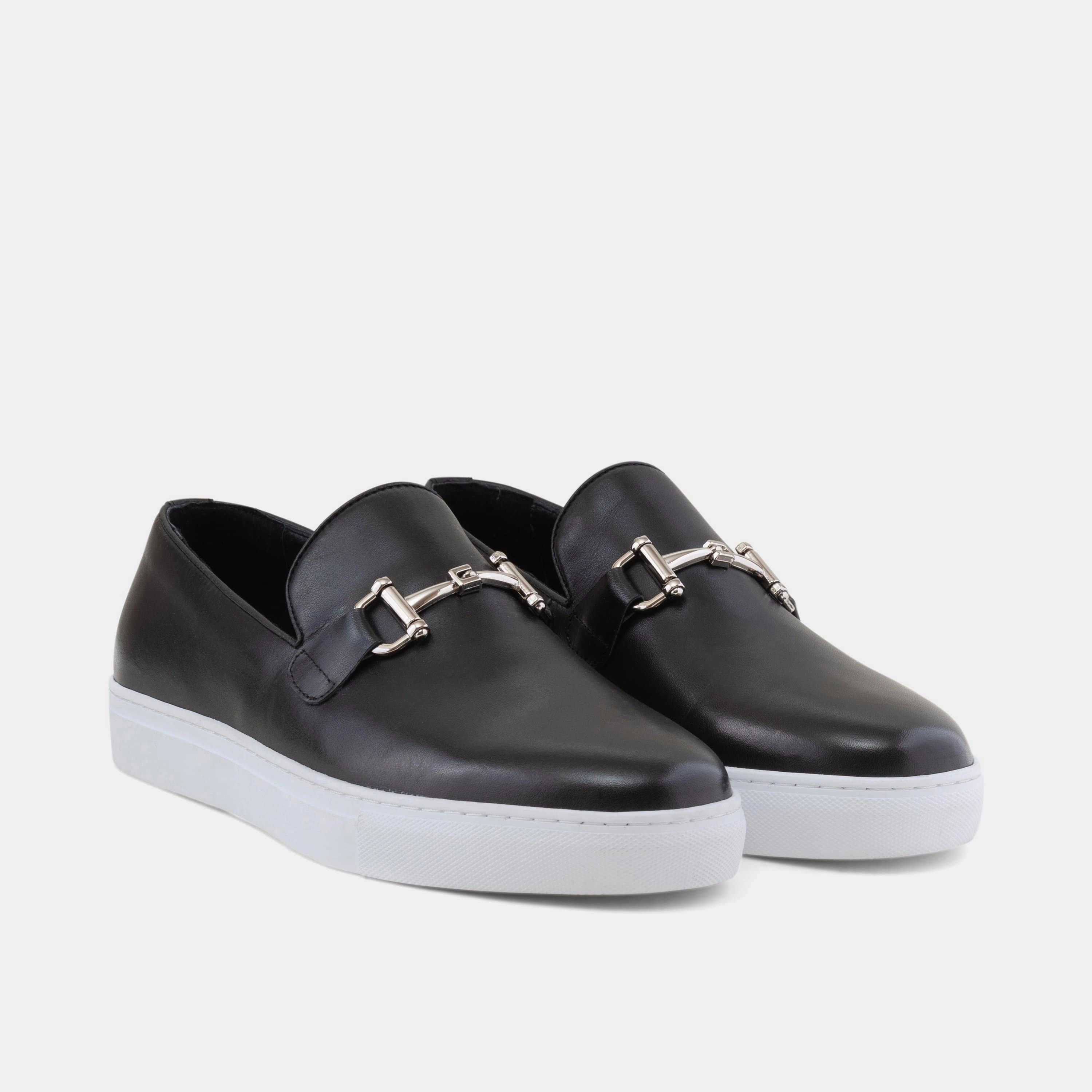 Boardwalk Black Leather Horse-Bit Sneakers Supportive Cushioning