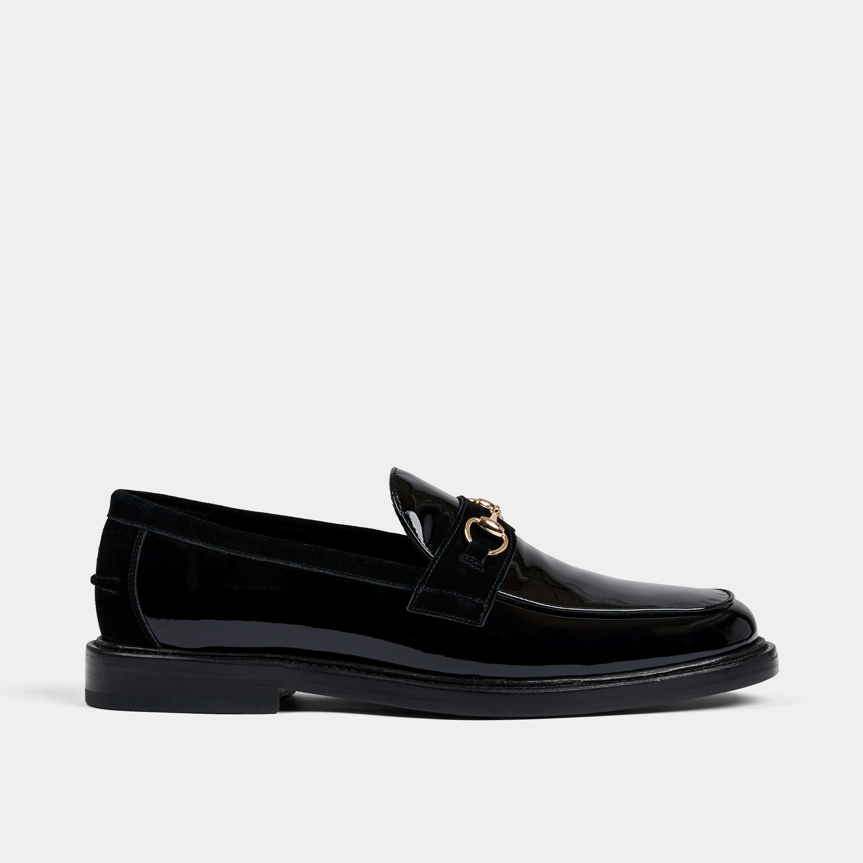 Platform Style Boardwalk Black Patent Leather Horse-Bit Loafers