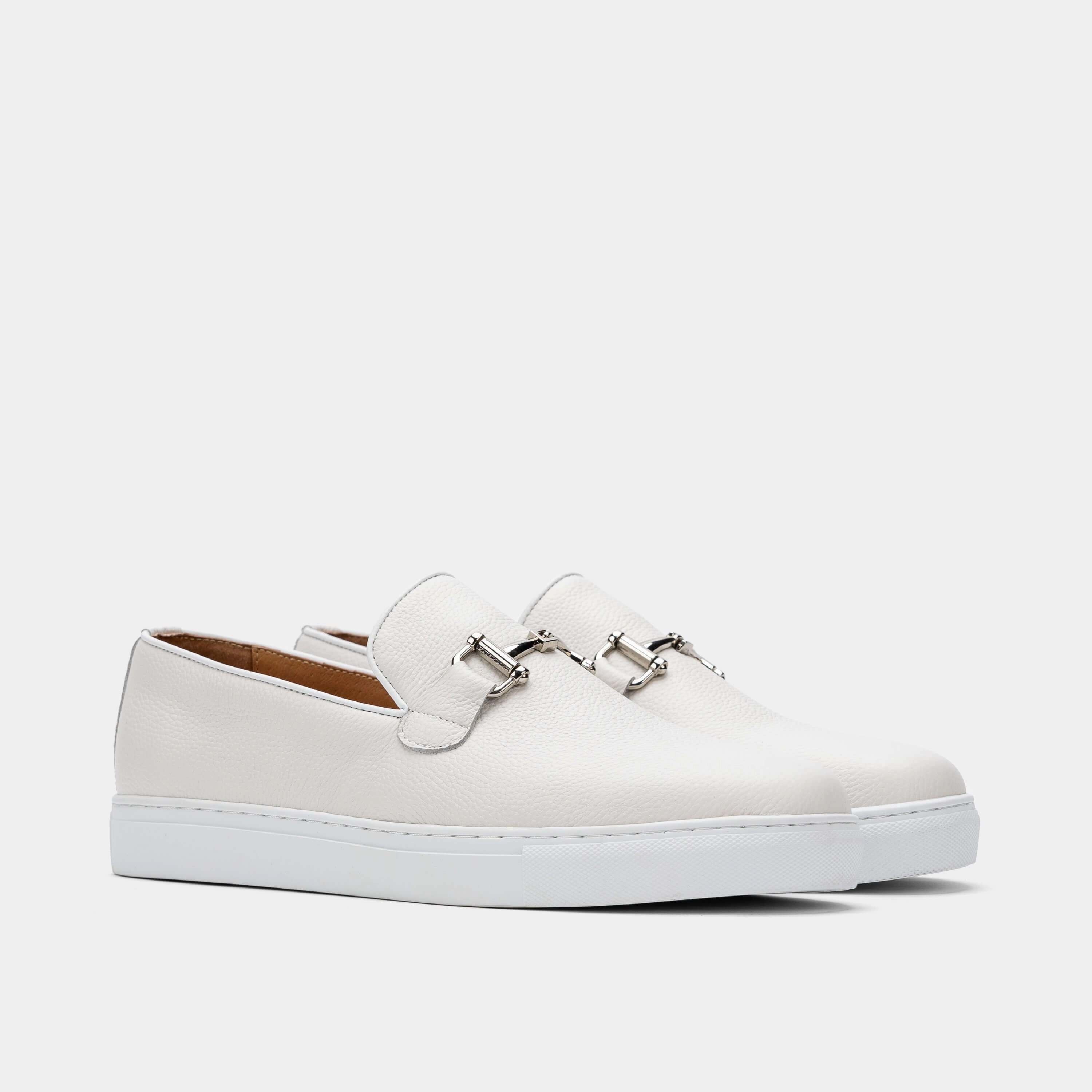 Boardwalk White Leather Horse-Bit Sneakers Soft Suede