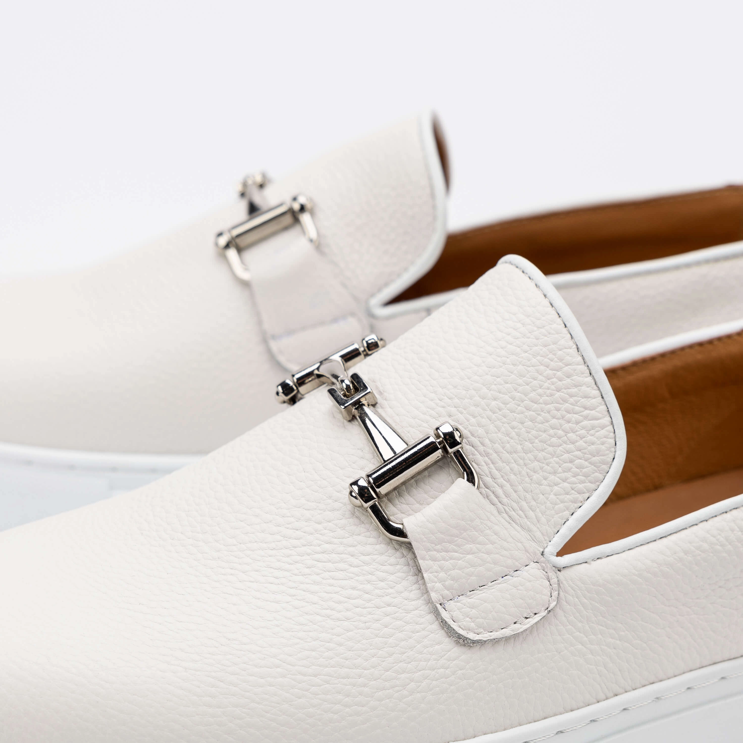 Boardwalk White Leather Horse-Bit Sneakers Soft Suede