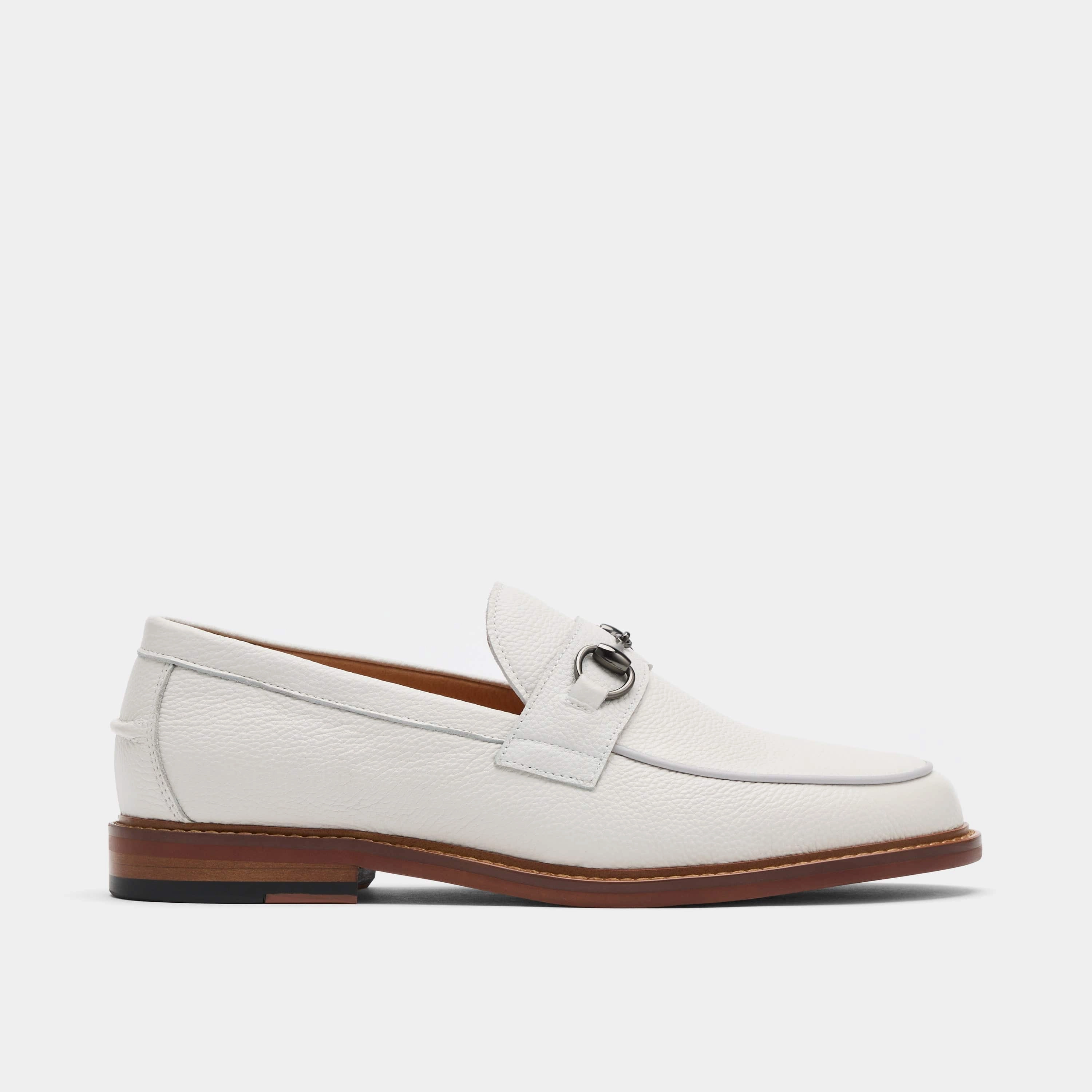 Boardwalk White Pebble Leather Horse-Bit Loafers Premium Comfort Grippy Outsole