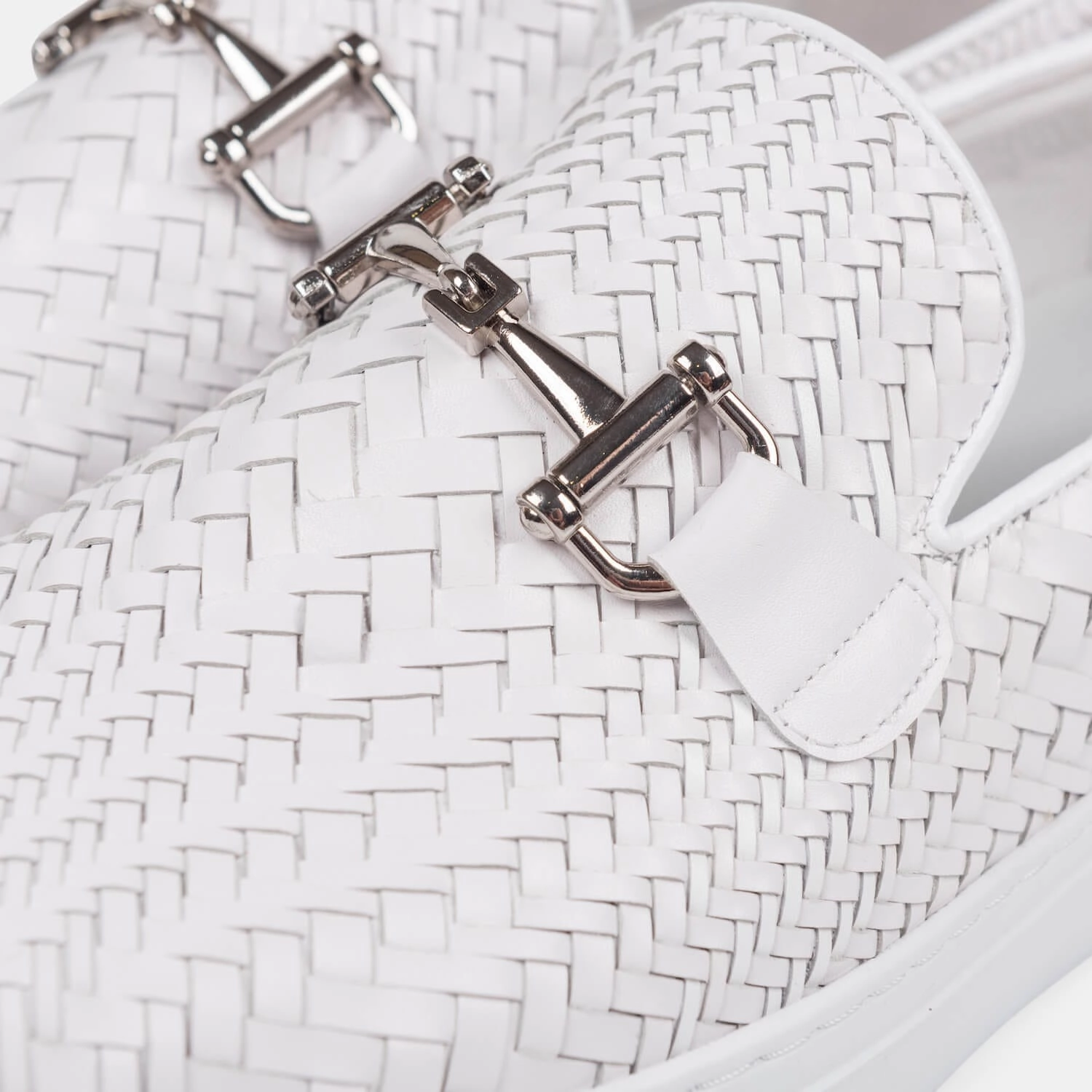 Boardwalk White Woven Leather Horse-Bit Sneakers Easy Comfort