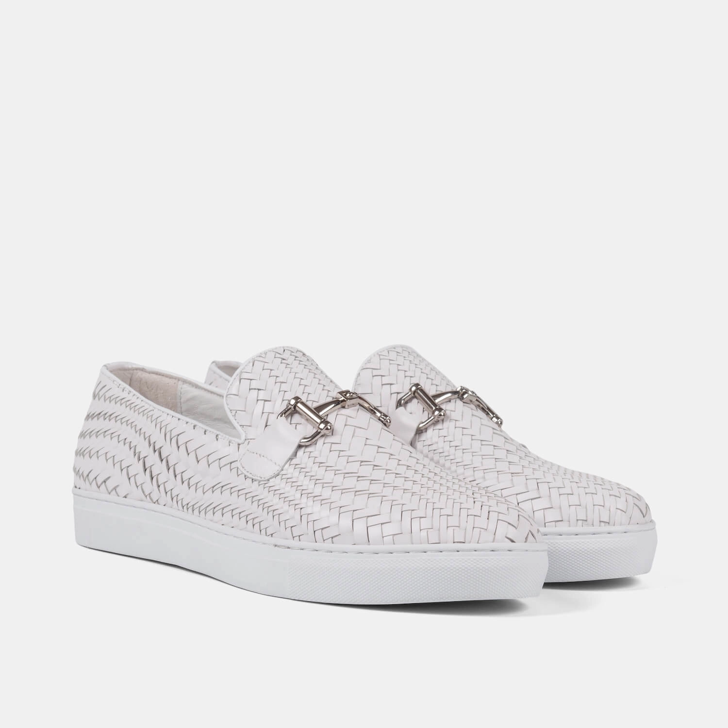 Boardwalk White Woven Leather Horse-Bit Sneakers Easy Comfort