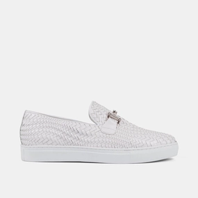 Boardwalk White Woven Leather Horse-Bit Sneakers Modern Design