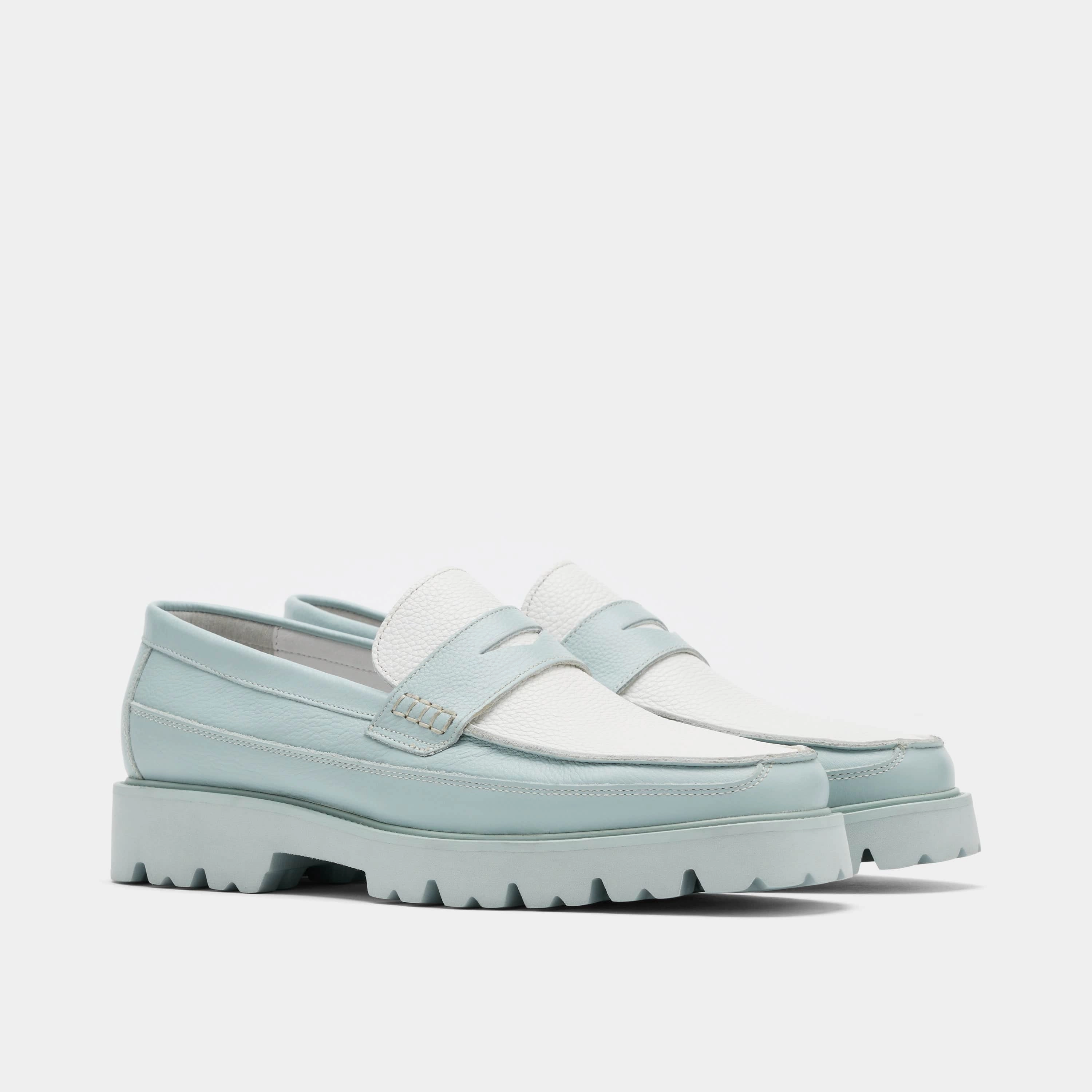 Breathable Leather Adler Light Blue Leather Lug Penny Loafers