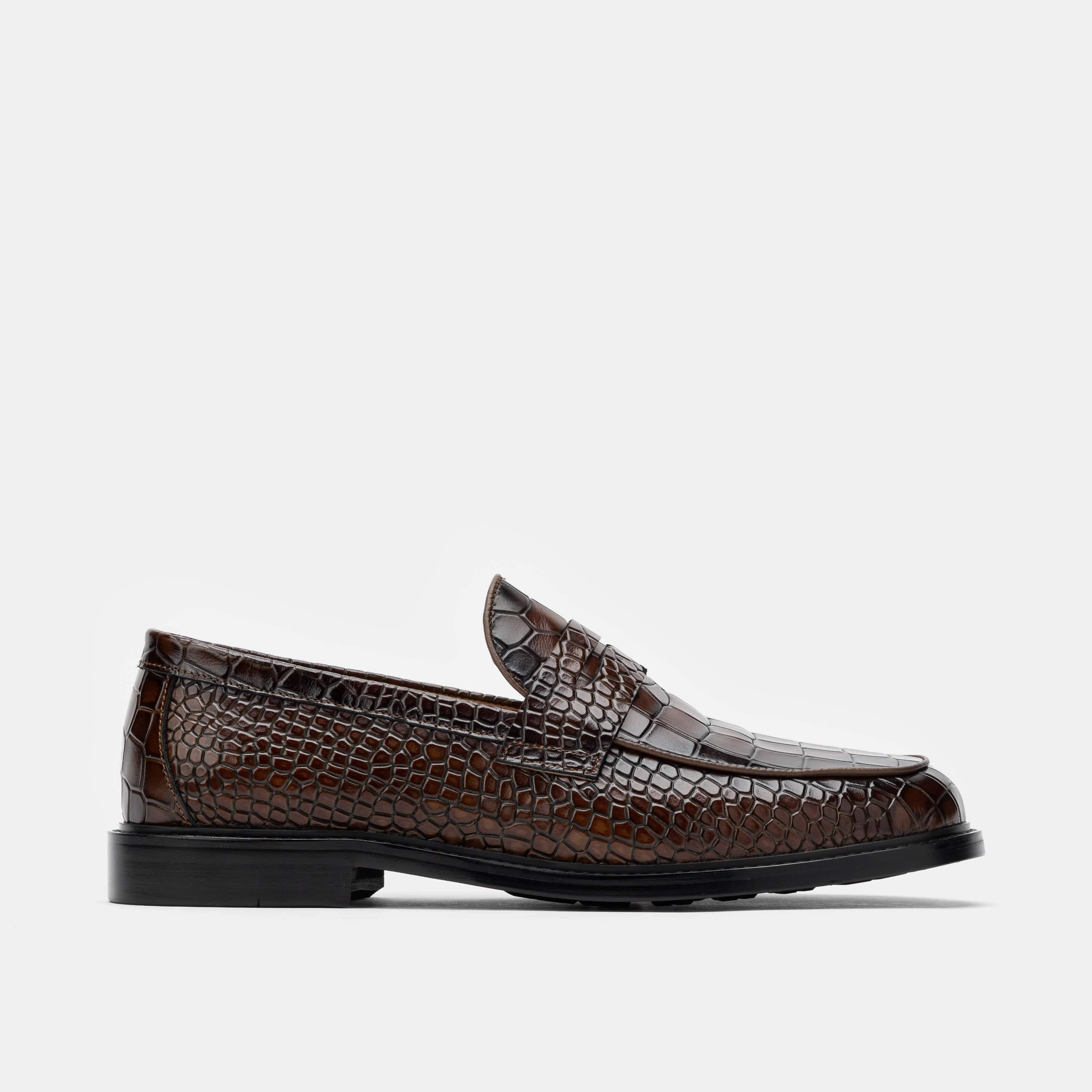 Street Pulse Breathable Fit Calum Brown Crocskin Leather Penny Loafers