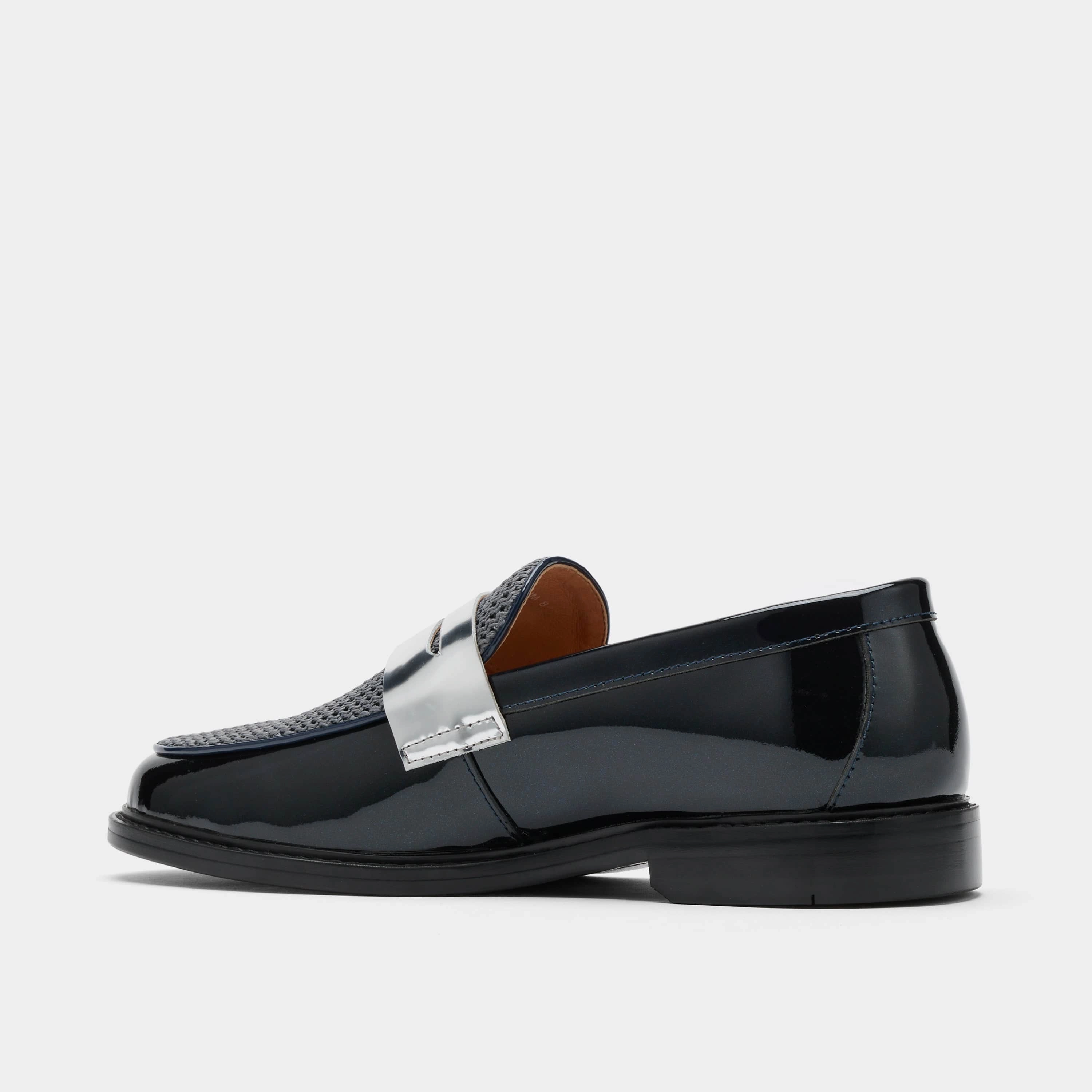 Calum Navy Patent Leather Penny Loafers Travel Friendly