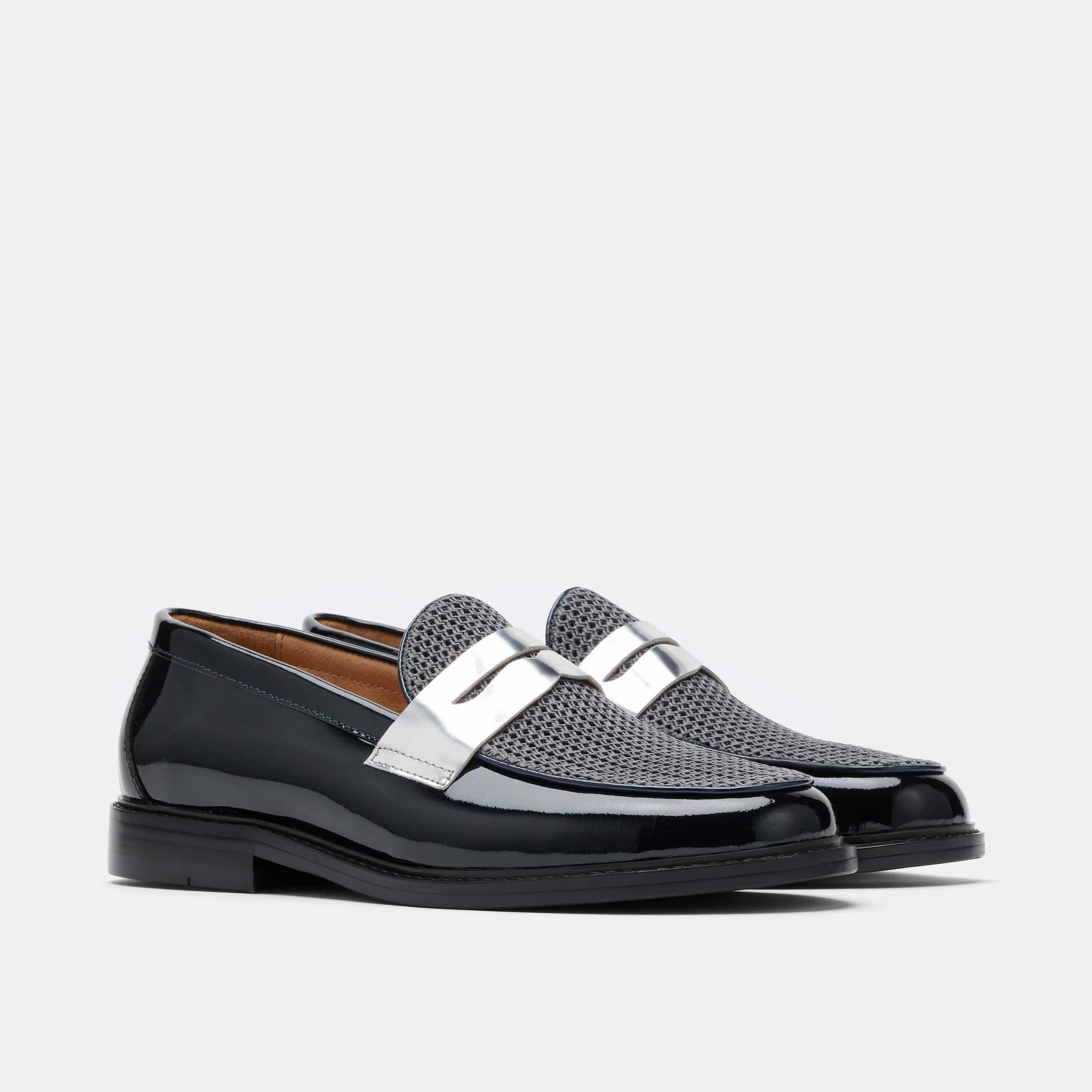 Calum Navy Patent Leather Penny Loafers Travel Friendly