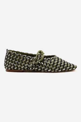 Chic Comfort Verona Macrame Ballet Flat In Seaweed, Black and Silver Metallic Leather