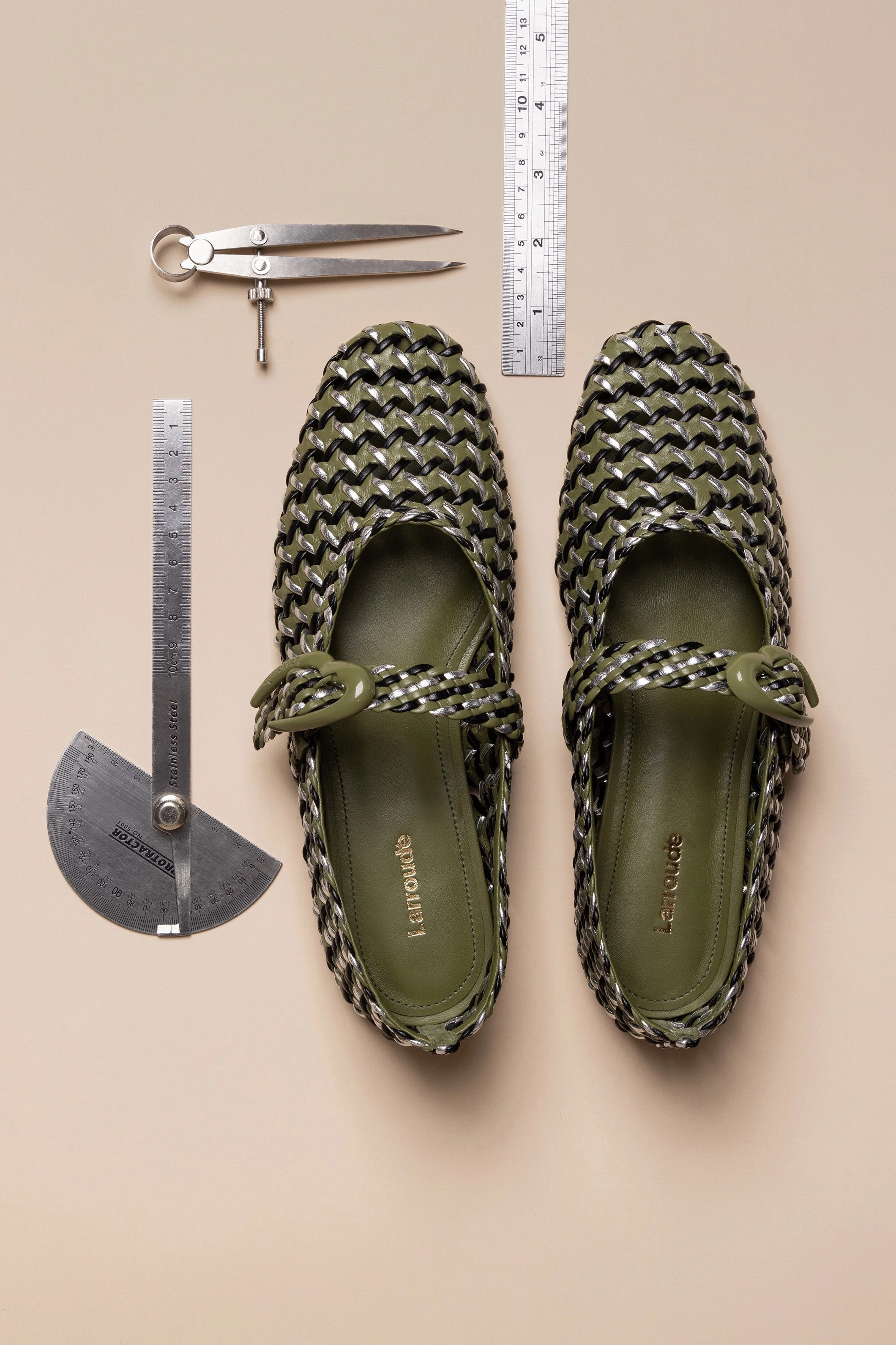 Casual Design Verona Macrame Ballet Flat In Seaweed, Black and Silver Metallic Leather