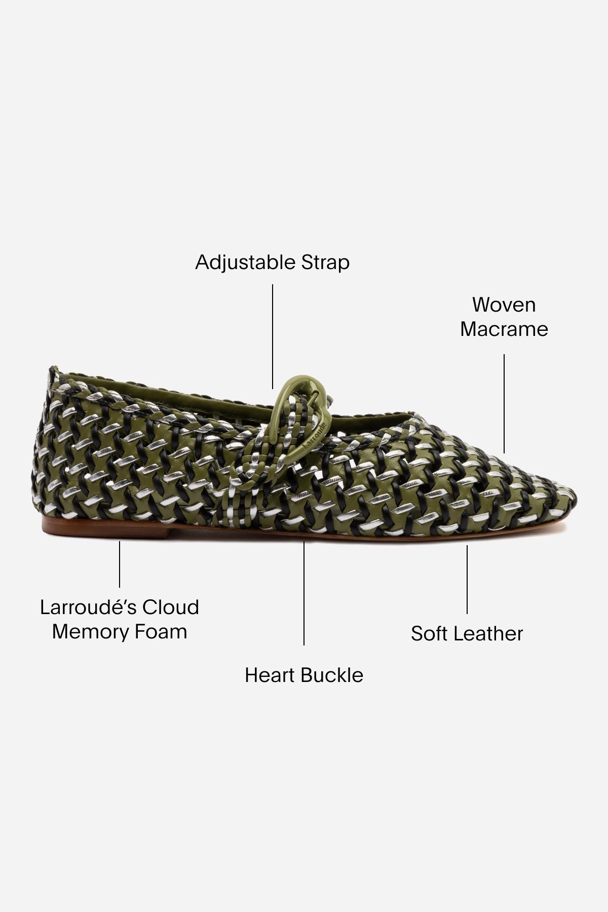 Casual Design Verona Macrame Ballet Flat In Seaweed, Black and Silver Metallic Leather