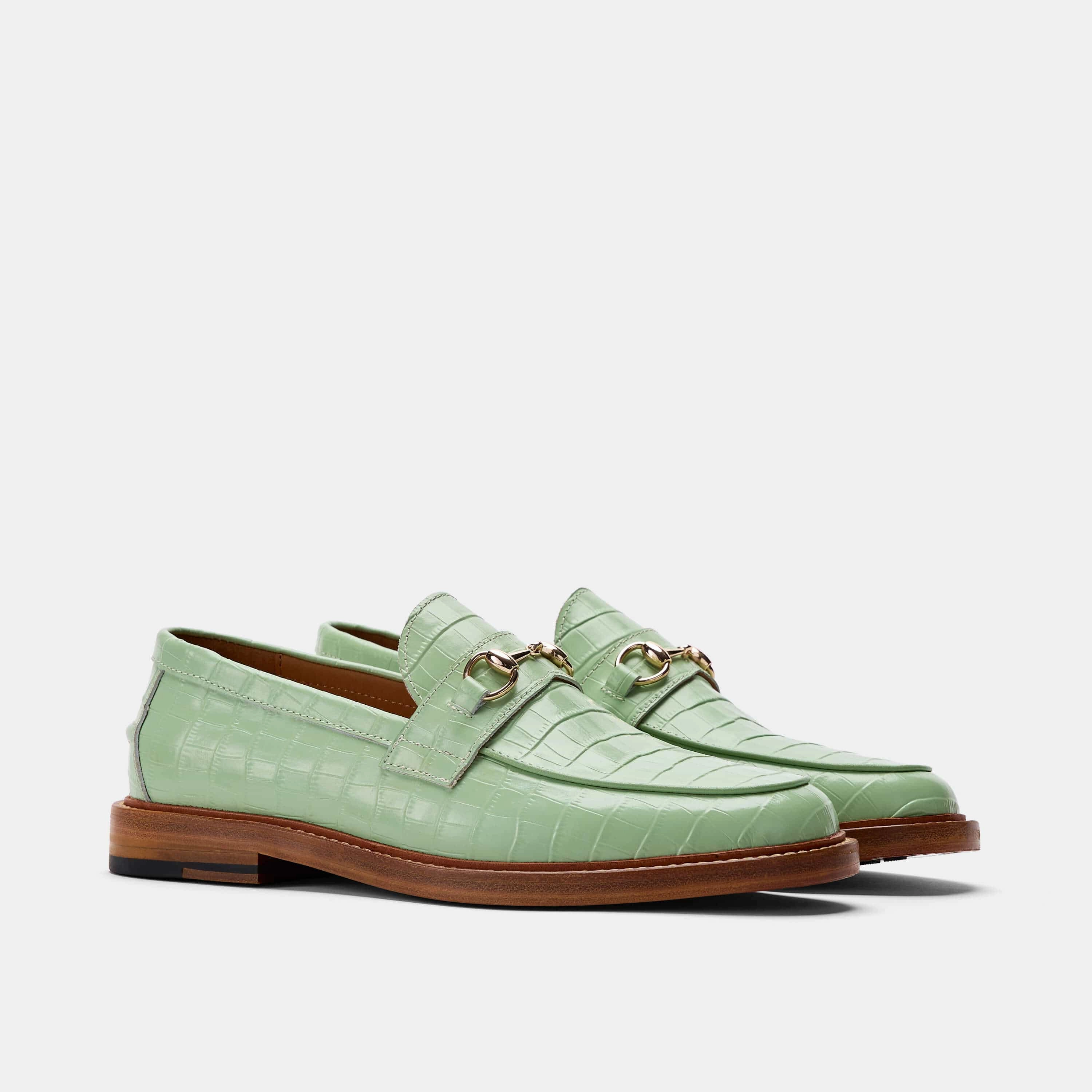 Casual Elegance Boardwalk Mint Croc Leather Horse-Bit Loafers