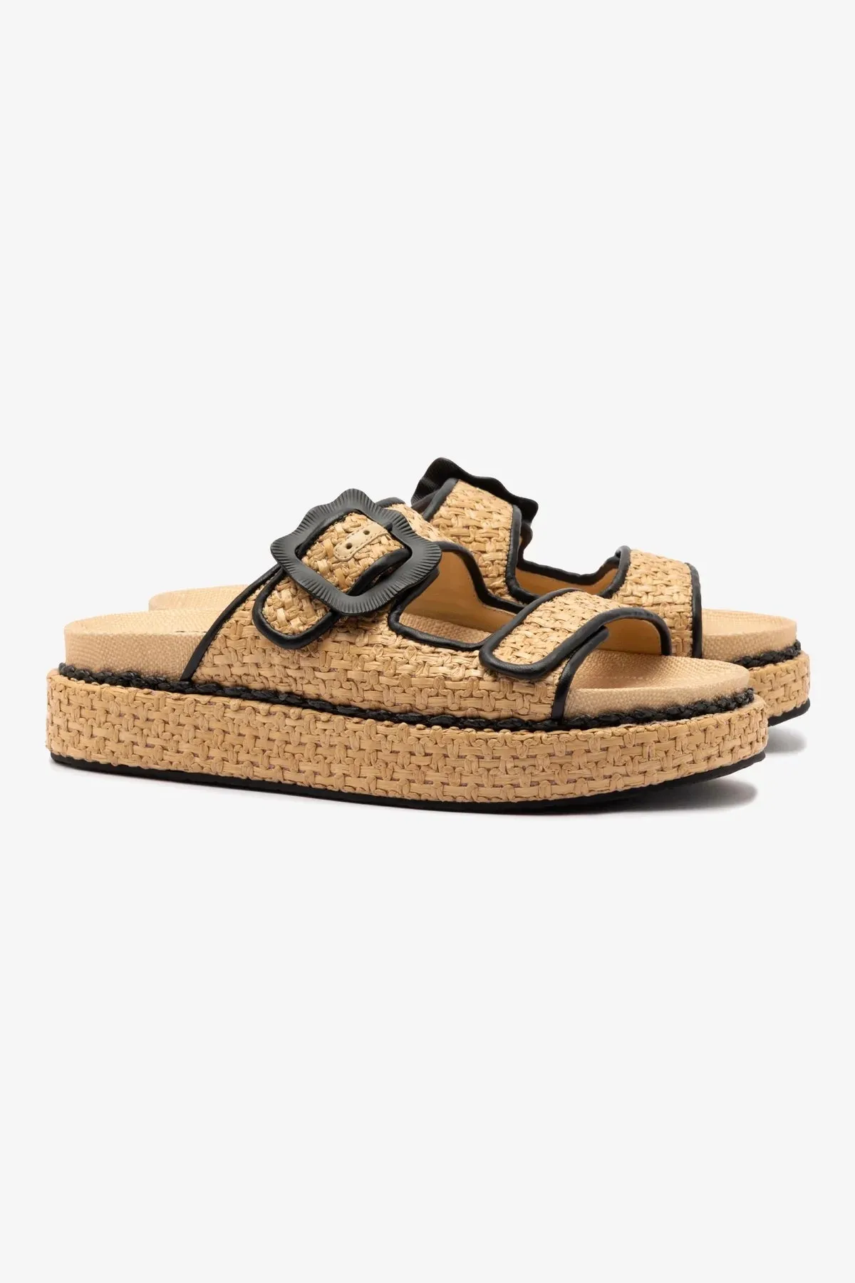 Chic Minimalist Maui Slide In Tapestry Natural Raffia and Black Trimming