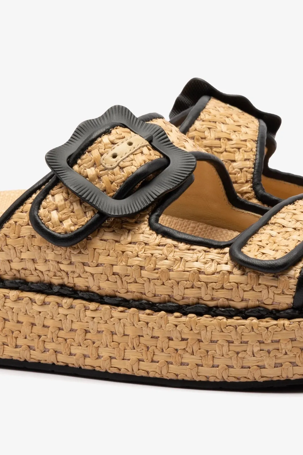 Chic Minimalist Maui Slide In Tapestry Natural Raffia and Black Trimming