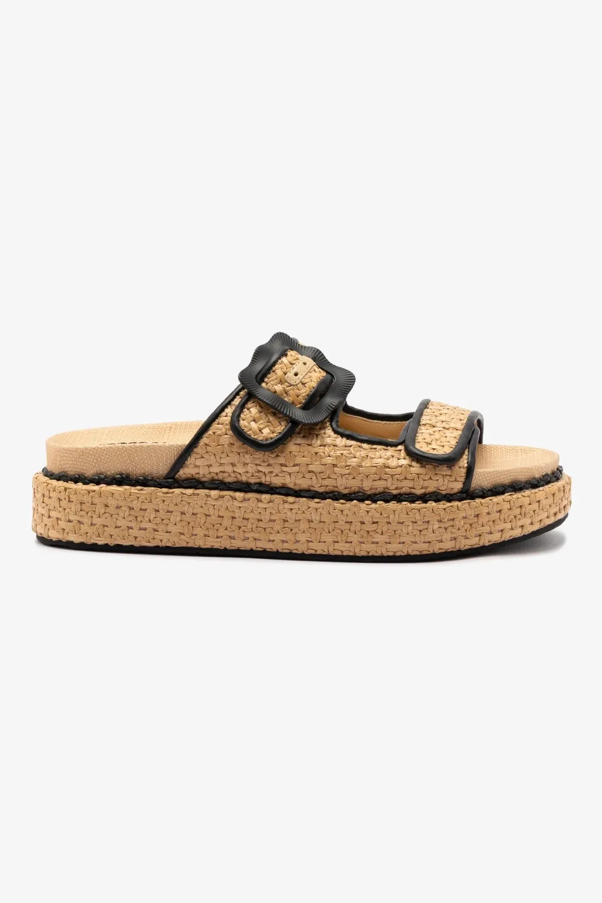 Maui Slide In Tapestry Natural Raffia and Black Trimming Roomy Toe Box Design Light Weight