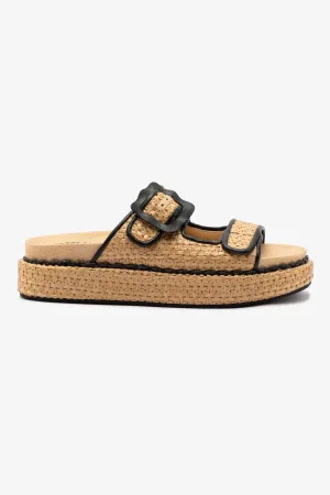 Maui Slide In Tapestry Natural Raffia and Black Trimming Roomy Toe Box Design Light Weight