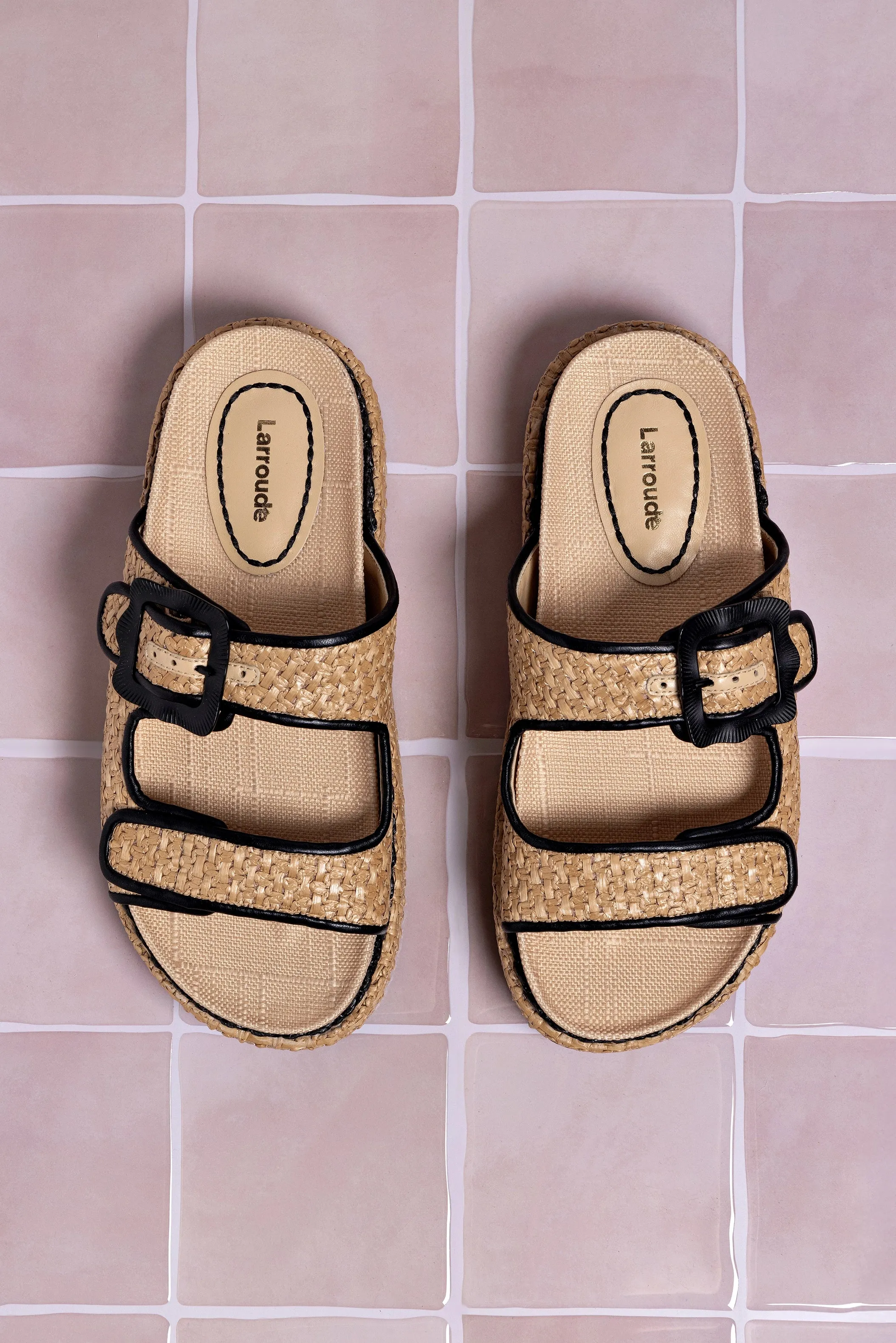 Chic Minimalist Maui Slide In Tapestry Natural Raffia and Black Trimming