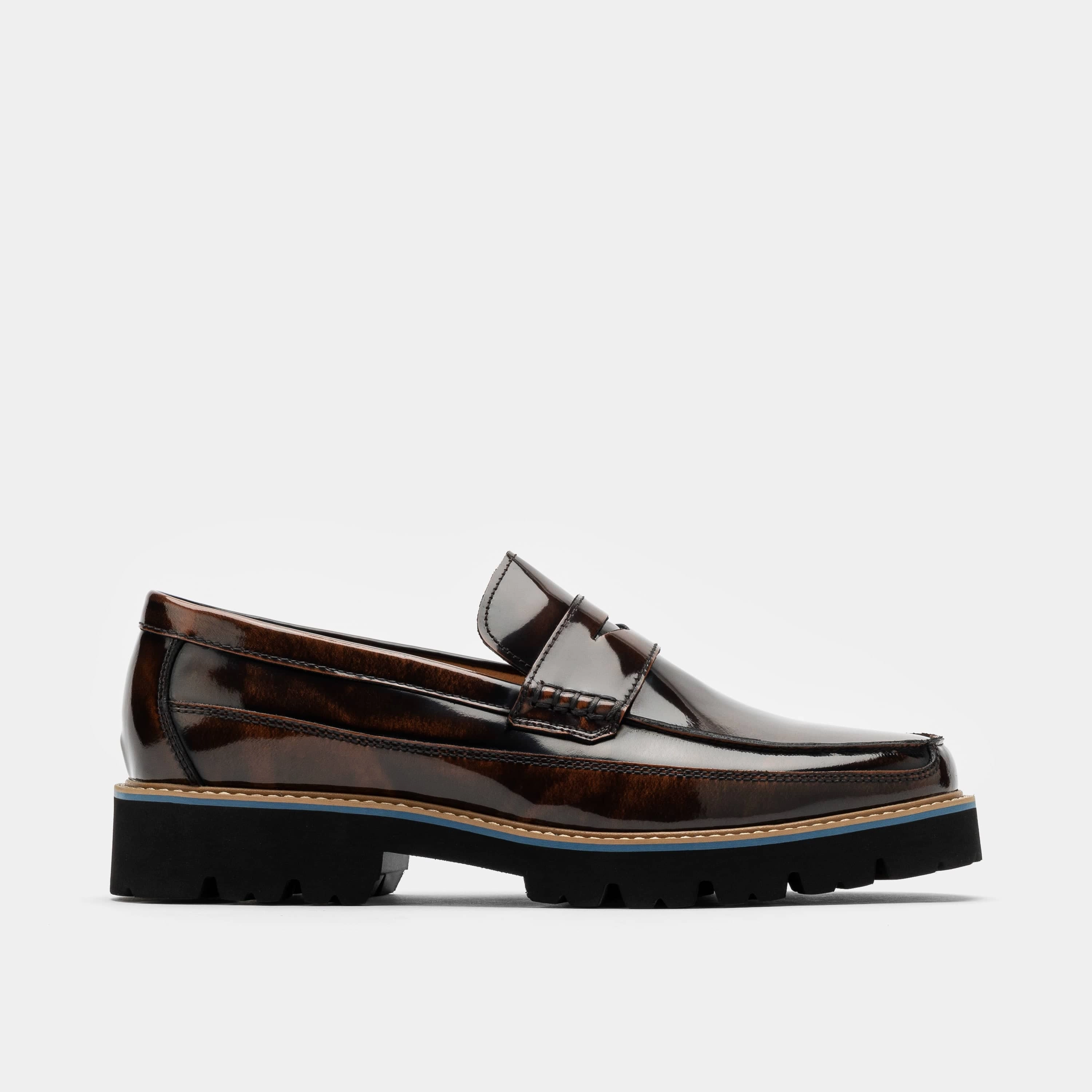 Flat Sole Stylish Movement Adler Mahogany Patent Leather Lug Penny Loafers