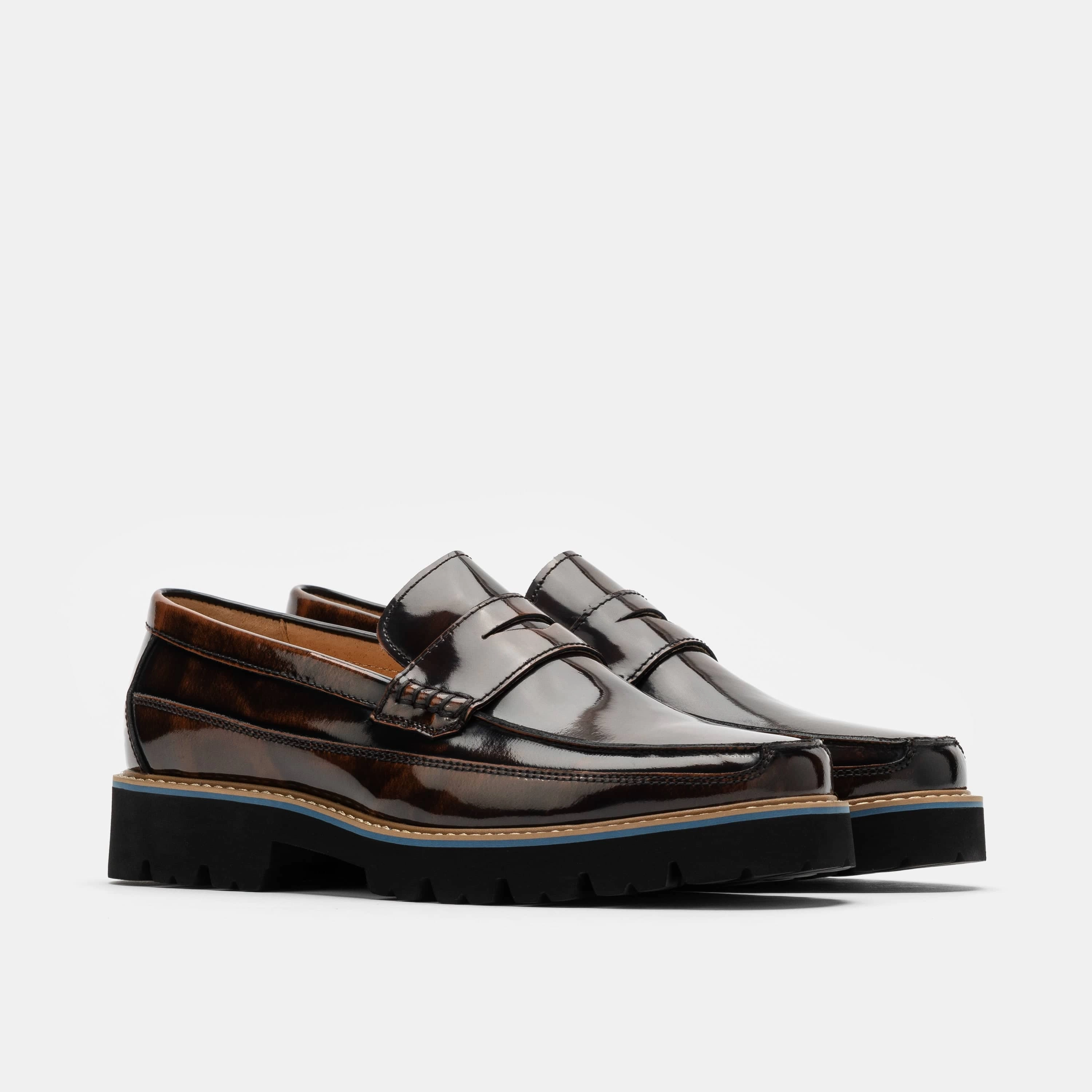 Comfort Fit Adler Mahogany Patent Leather Lug Penny Loafers