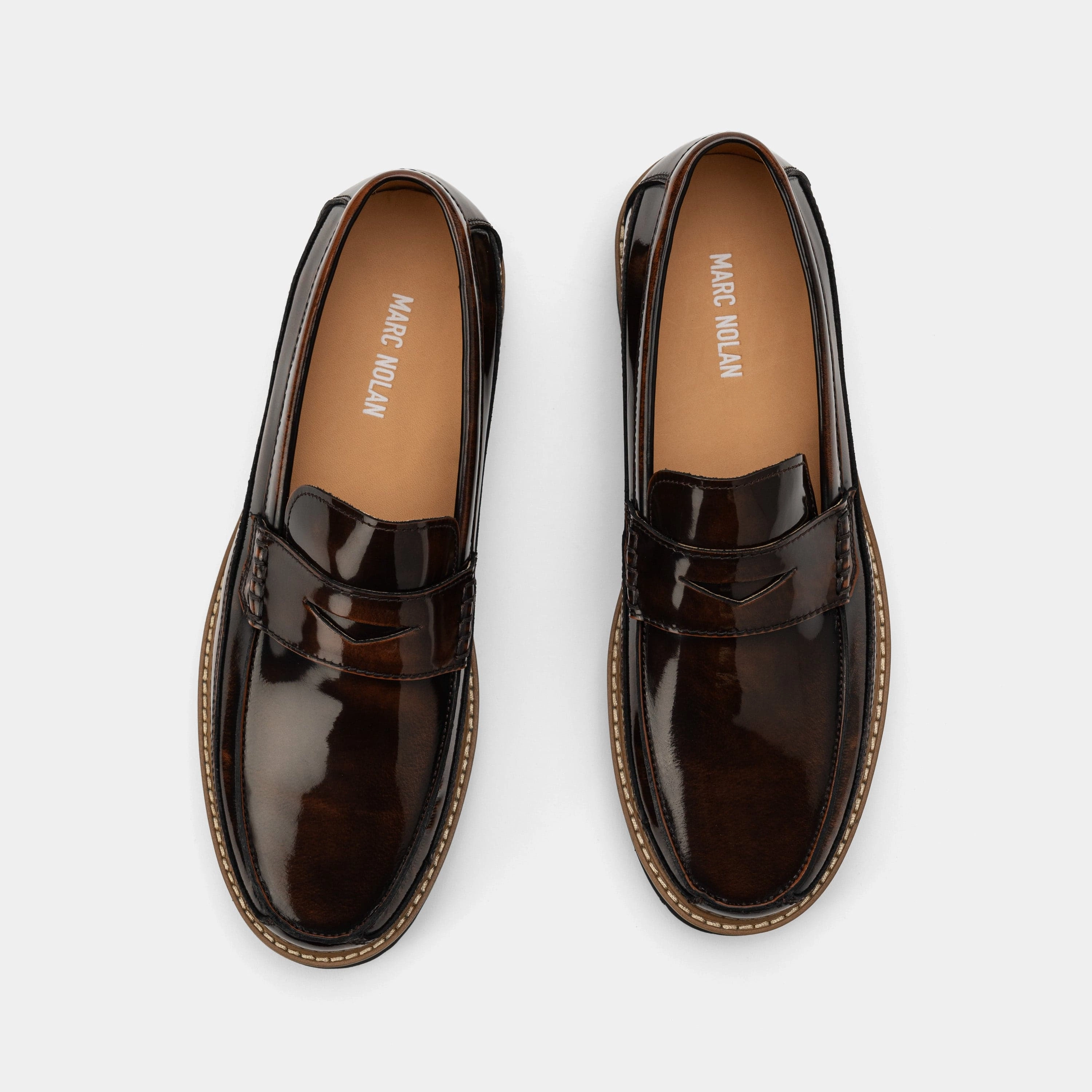 Comfort Fit Adler Mahogany Patent Leather Lug Penny Loafers