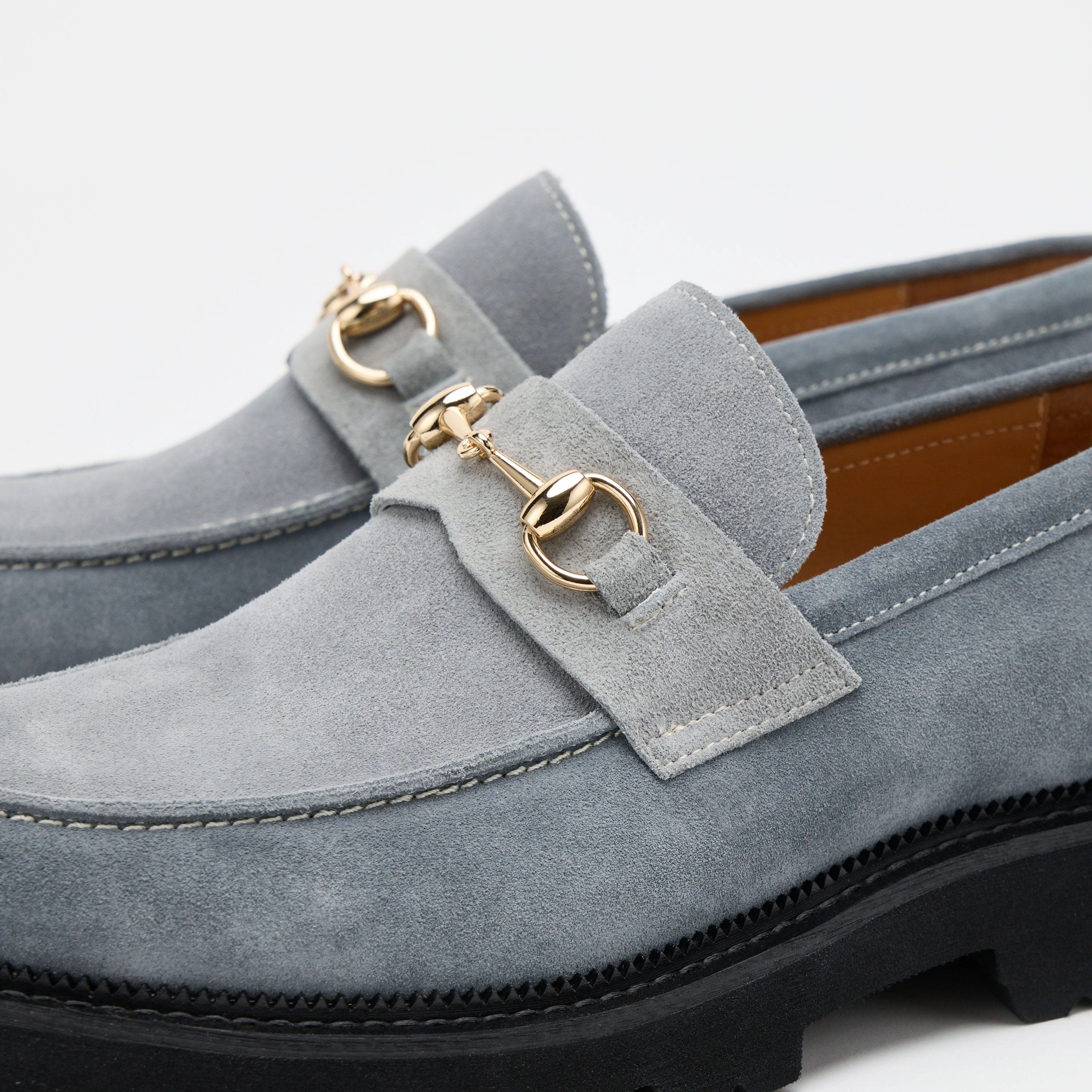 Contemporary Appeal Blake Steel Blue Suede Lug Bit Loafers