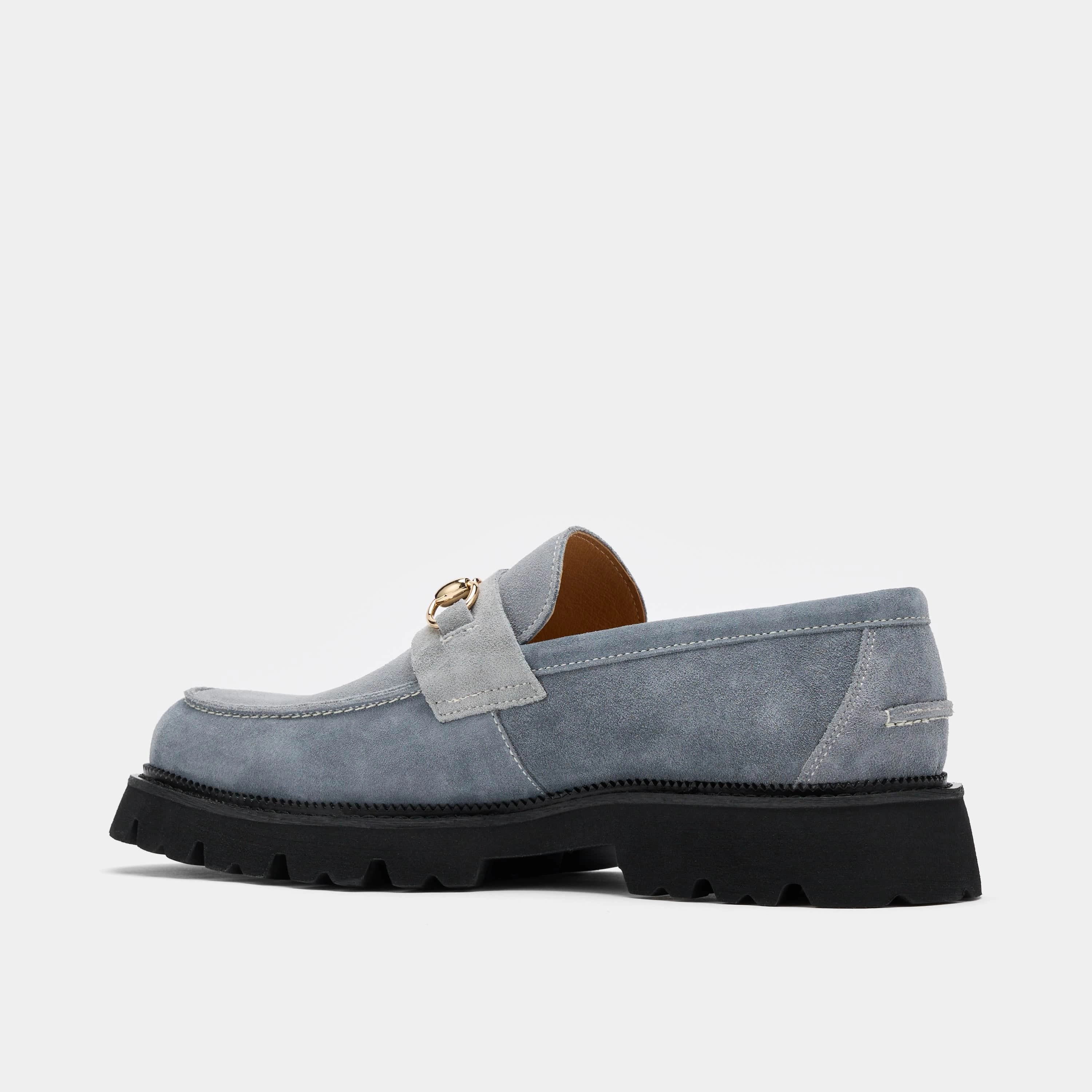 Contemporary Appeal Blake Steel Blue Suede Lug Bit Loafers