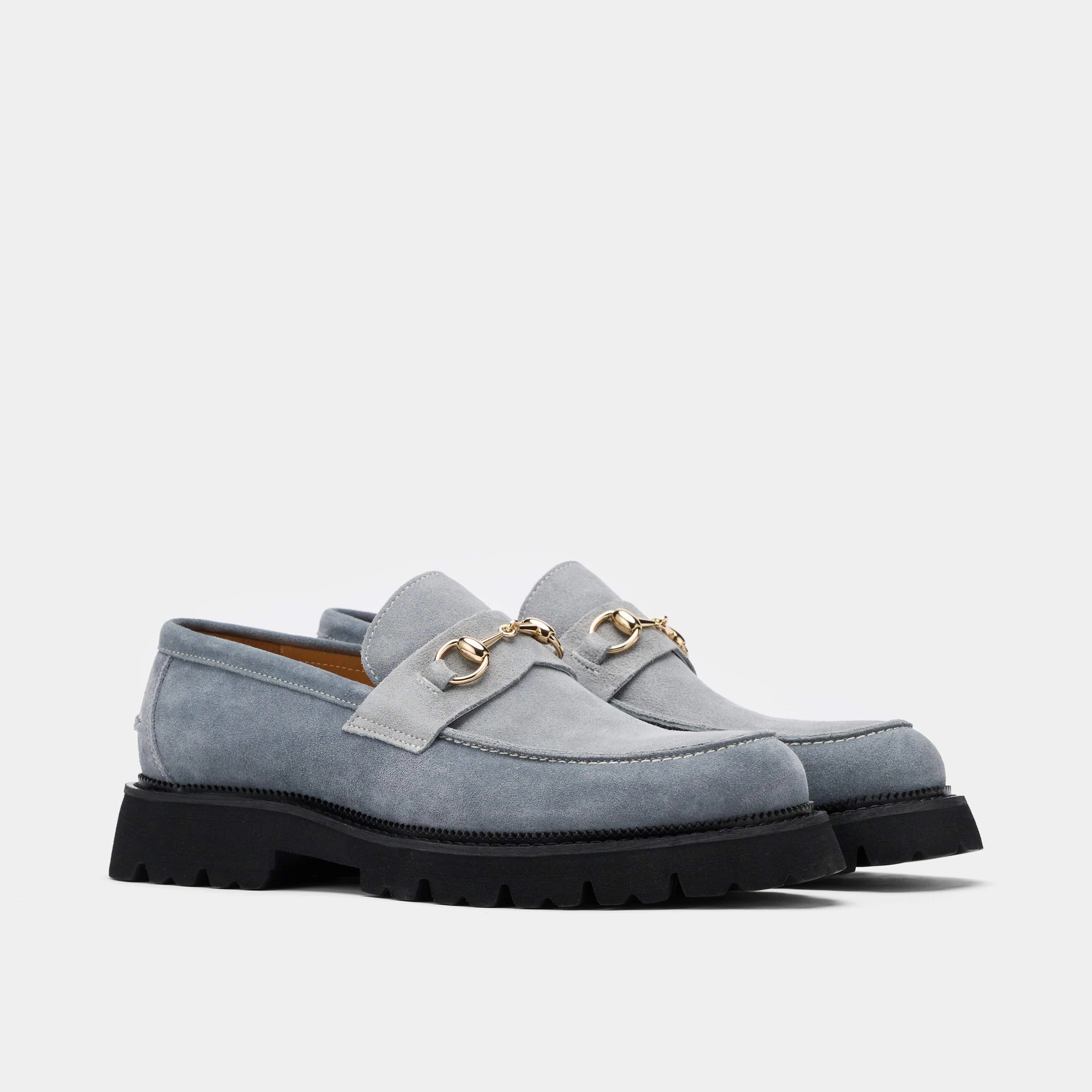 Contemporary Appeal Blake Steel Blue Suede Lug Bit Loafers