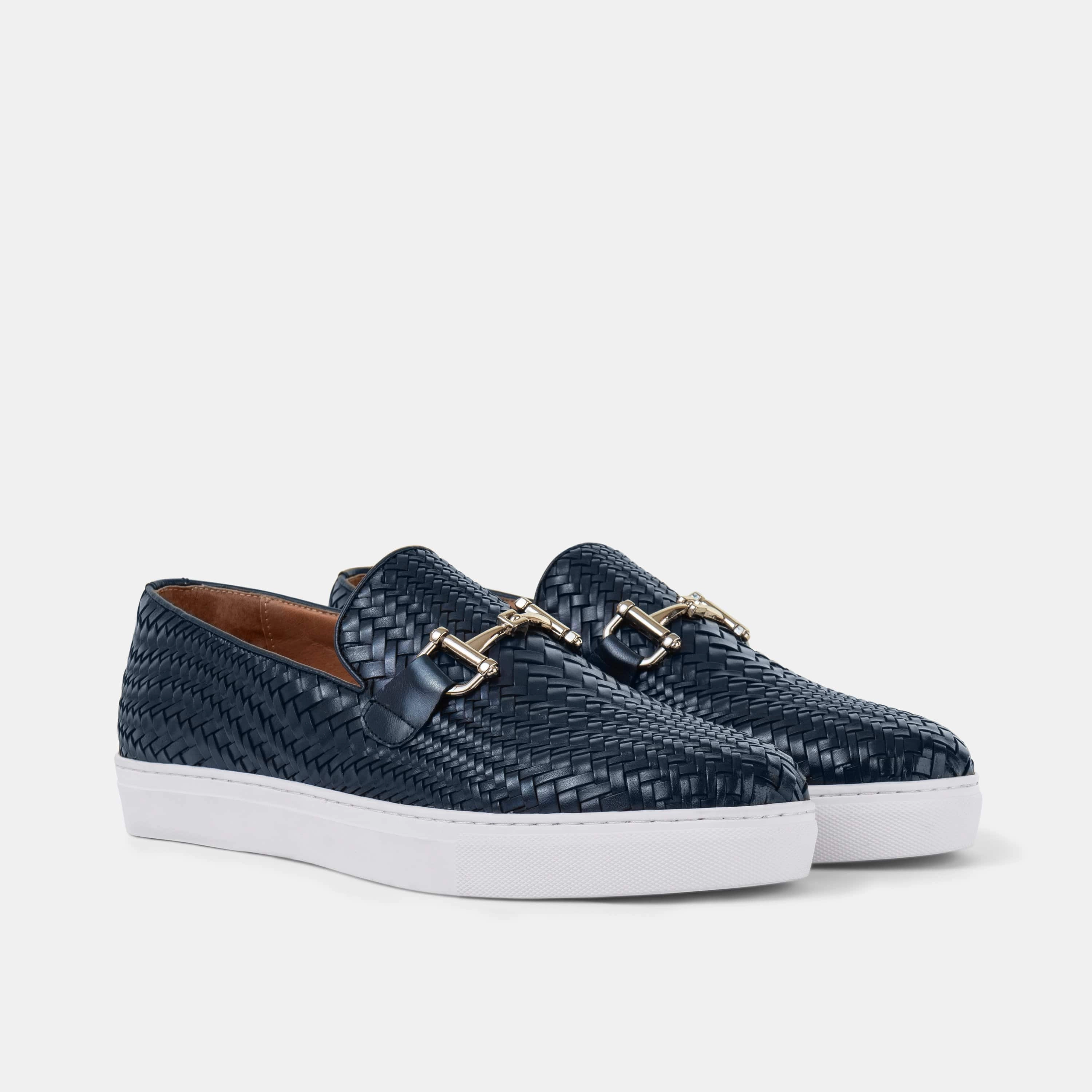 Contemporary Appeal Boardwalk Navy Woven Leather Horse-Bit Sneakers