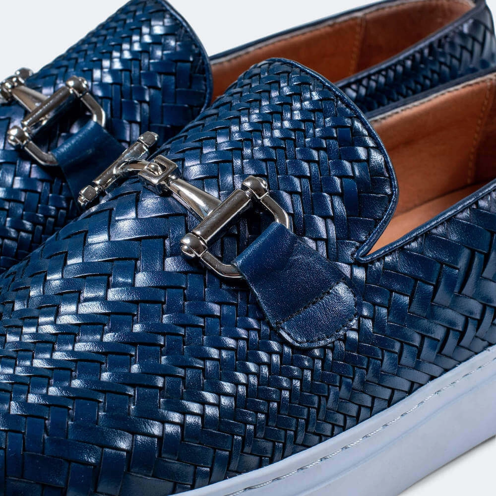 Contemporary Appeal Boardwalk Navy Woven Leather Horse-Bit Sneakers