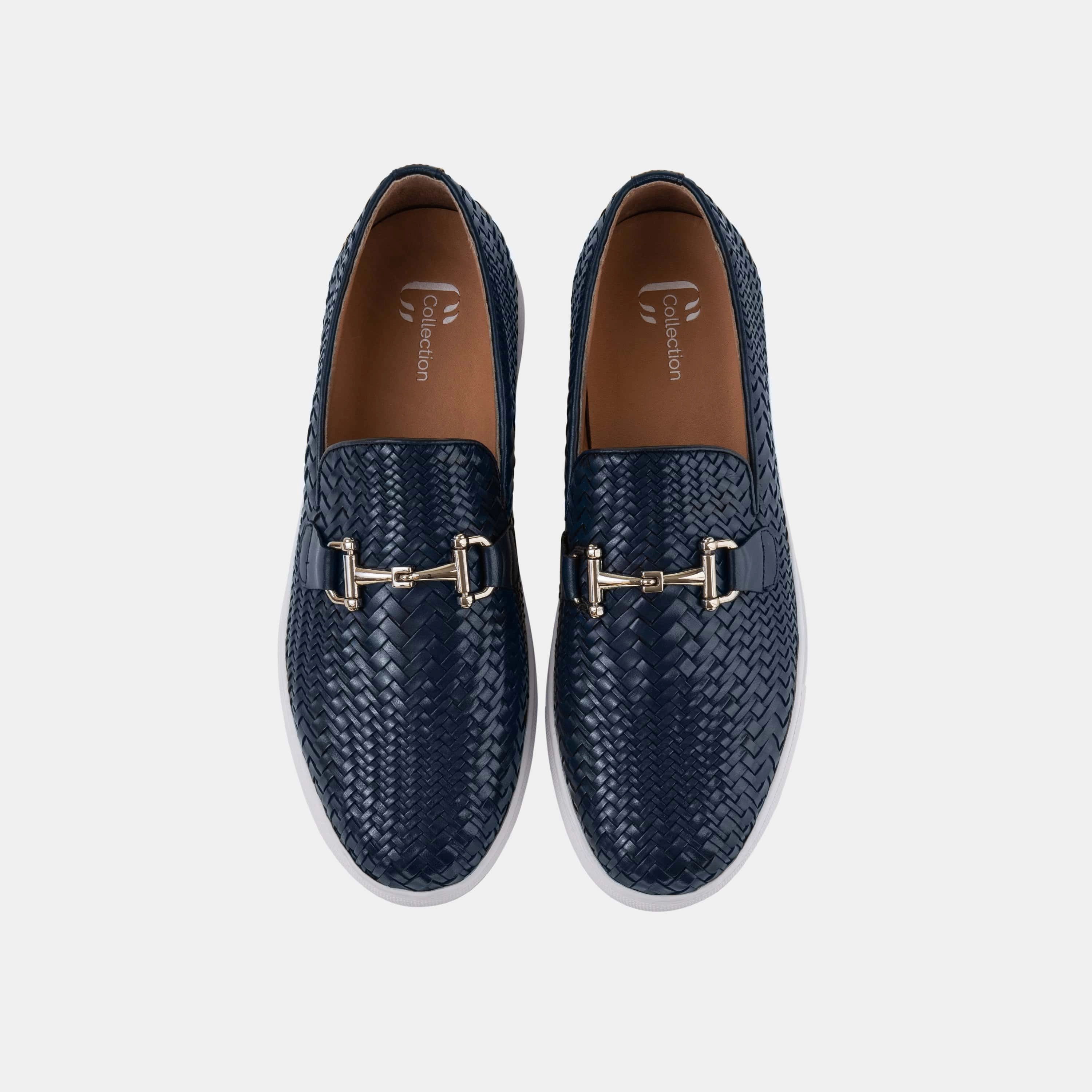 Contemporary Appeal Boardwalk Navy Woven Leather Horse-Bit Sneakers