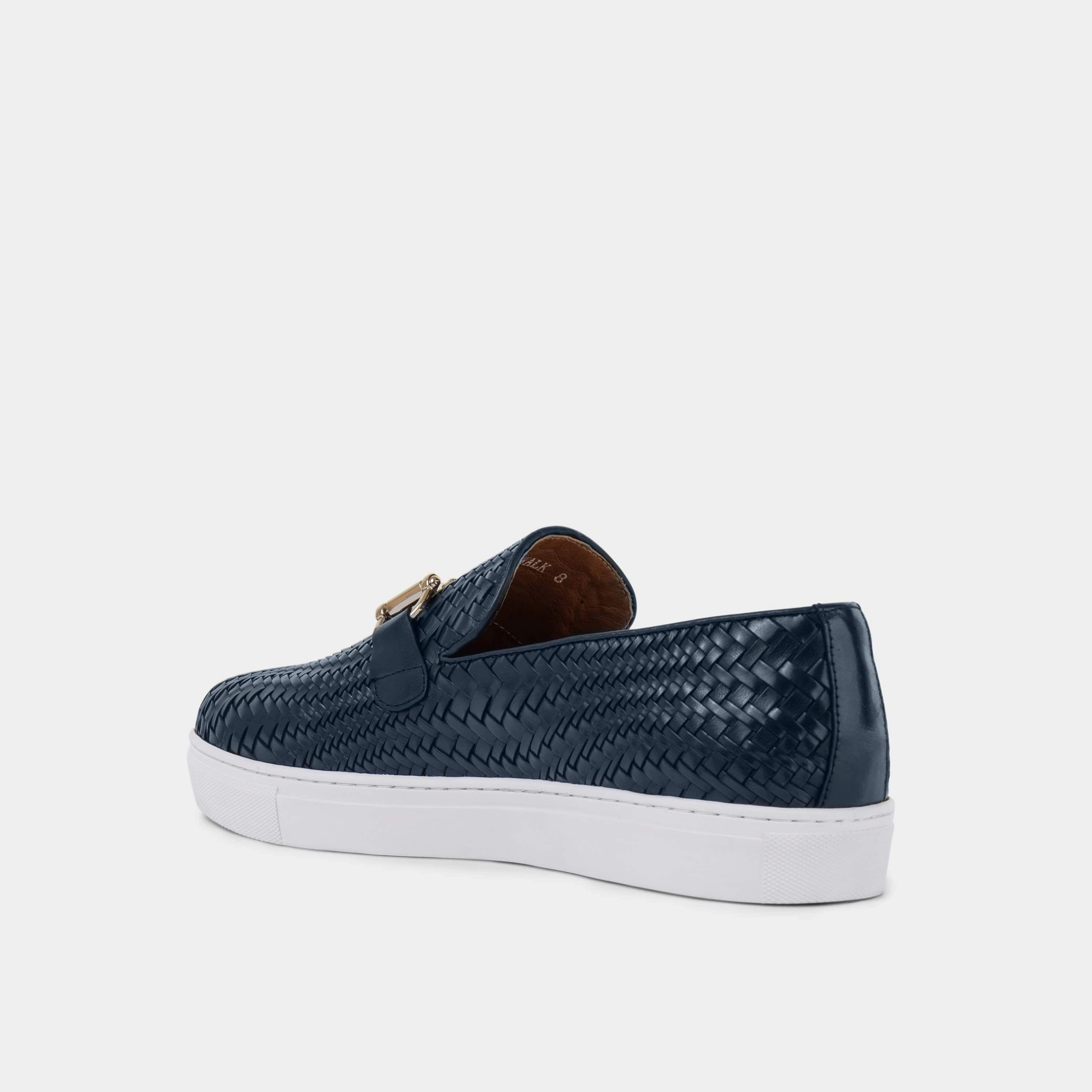 Contemporary Appeal Boardwalk Navy Woven Leather Horse-Bit Sneakers