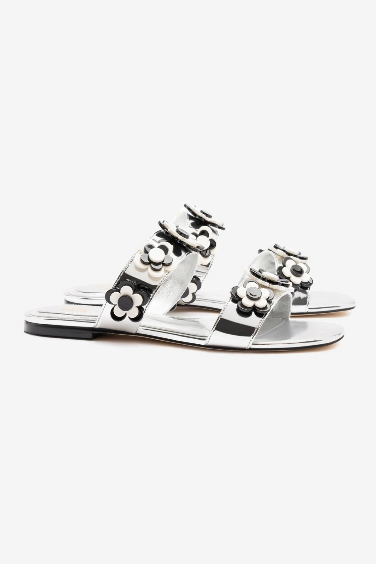 Cushioned Footbed Larroud?? x Gabriela Noelle: Blossom Flat Sandal In Silver Specchio and Black and White Acrylic