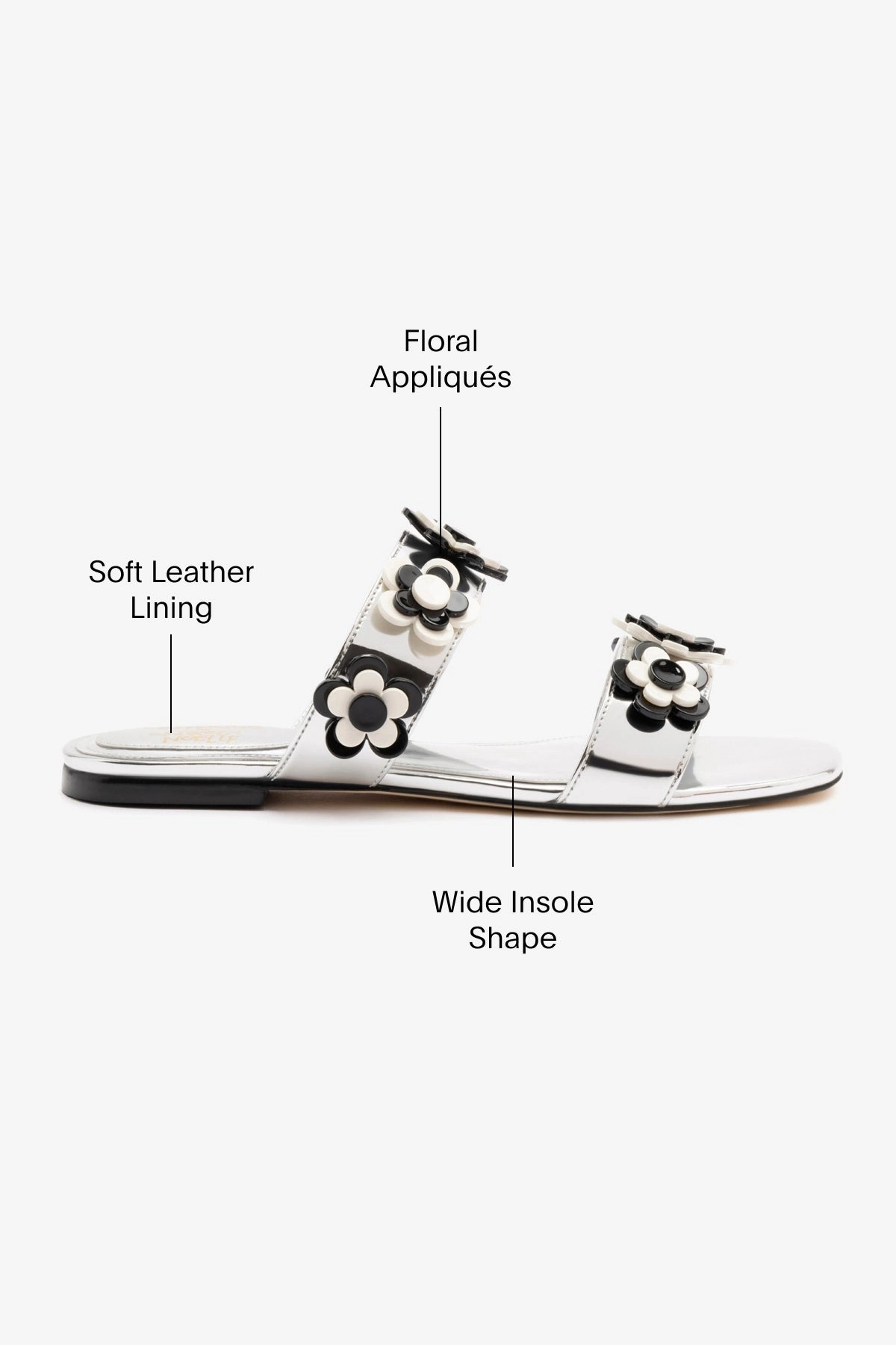 Cushioned Footbed Larroud?? x Gabriela Noelle: Blossom Flat Sandal In Silver Specchio and Black and White Acrylic