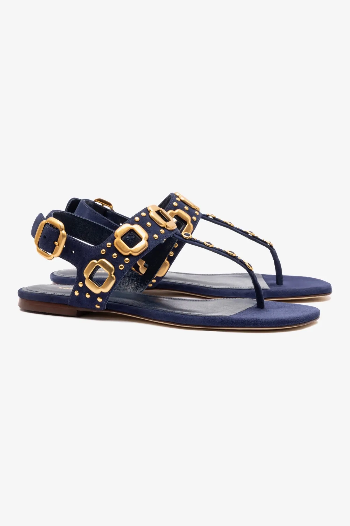 Easy Walk Milan Studs Thong Sandal In Navy Suede